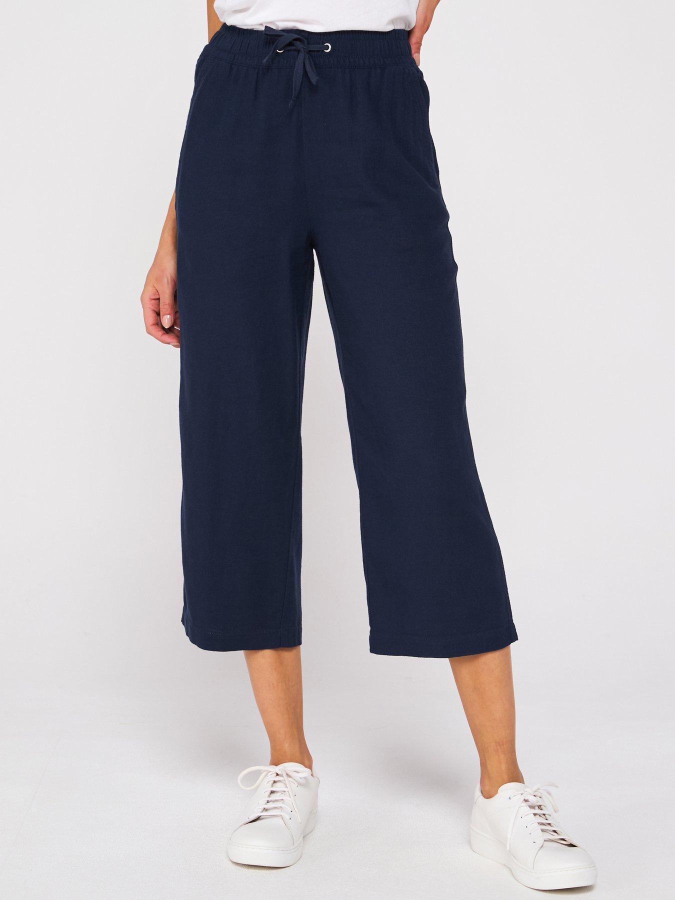 undefined Cropped Linen Blend Trousers - Navy