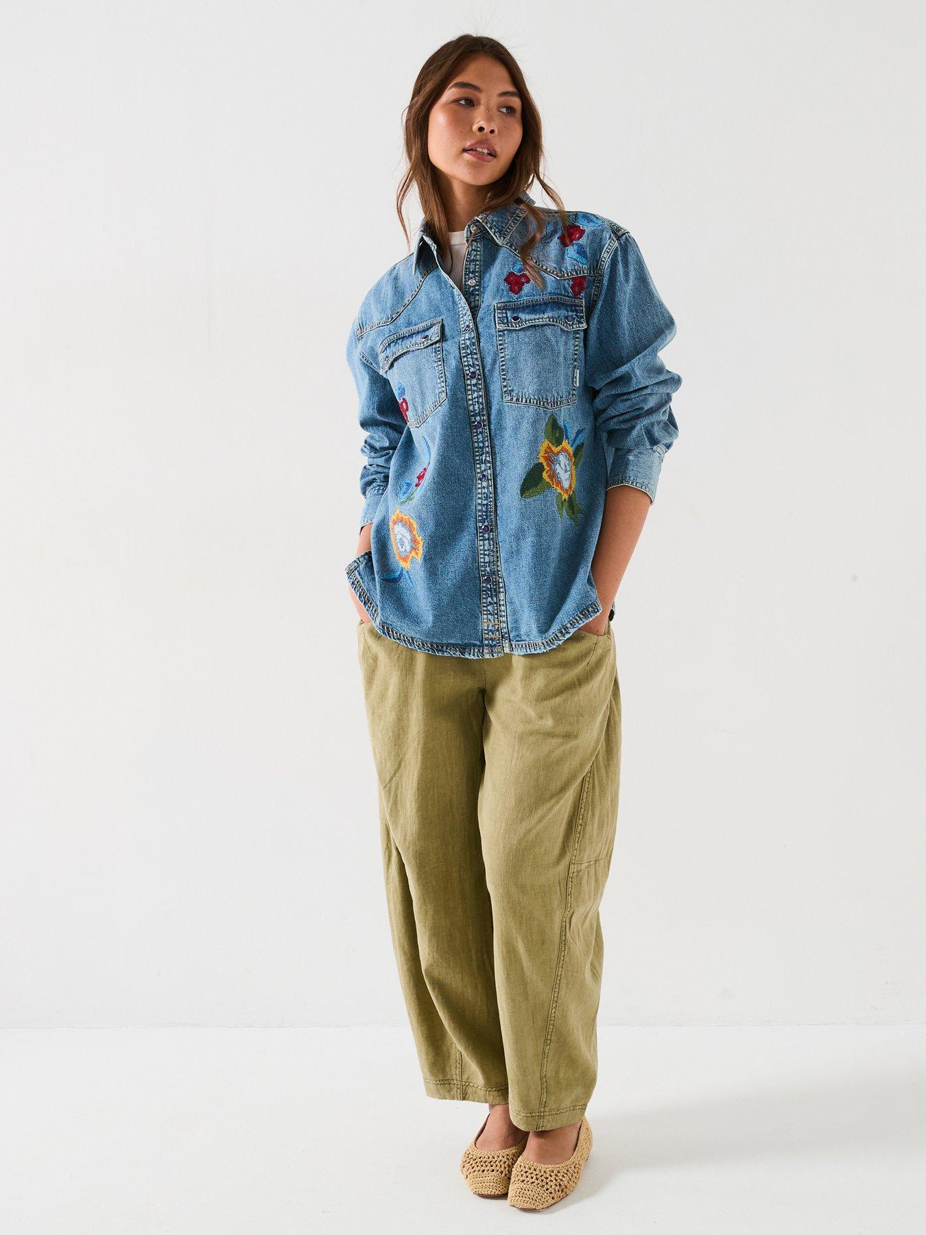 undefined Oh The Places You'll Go Embroidered Denim Shirt - Blue