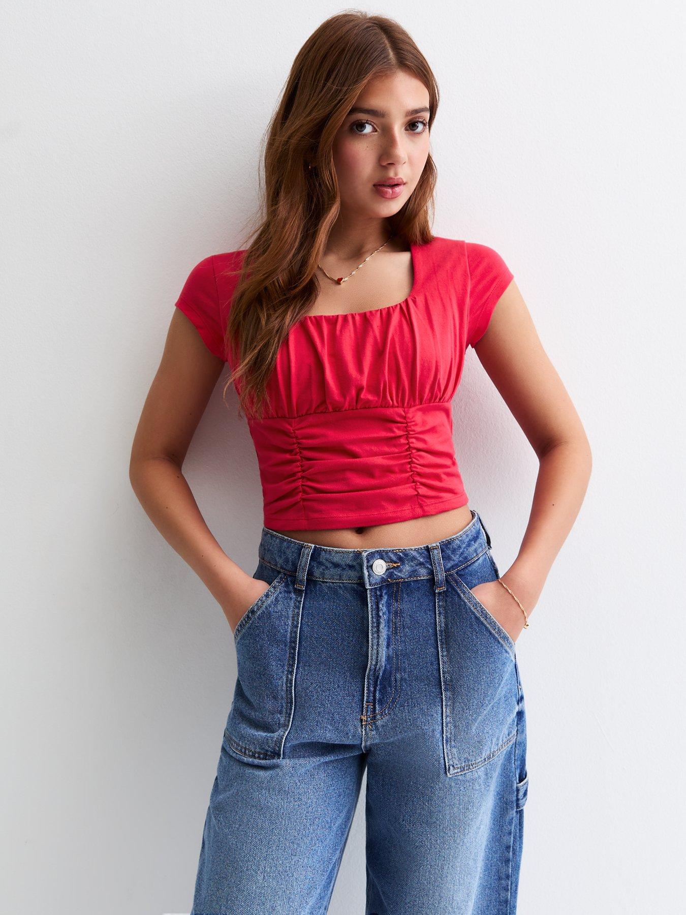 undefined Girls Ruched Cropped Top - Red