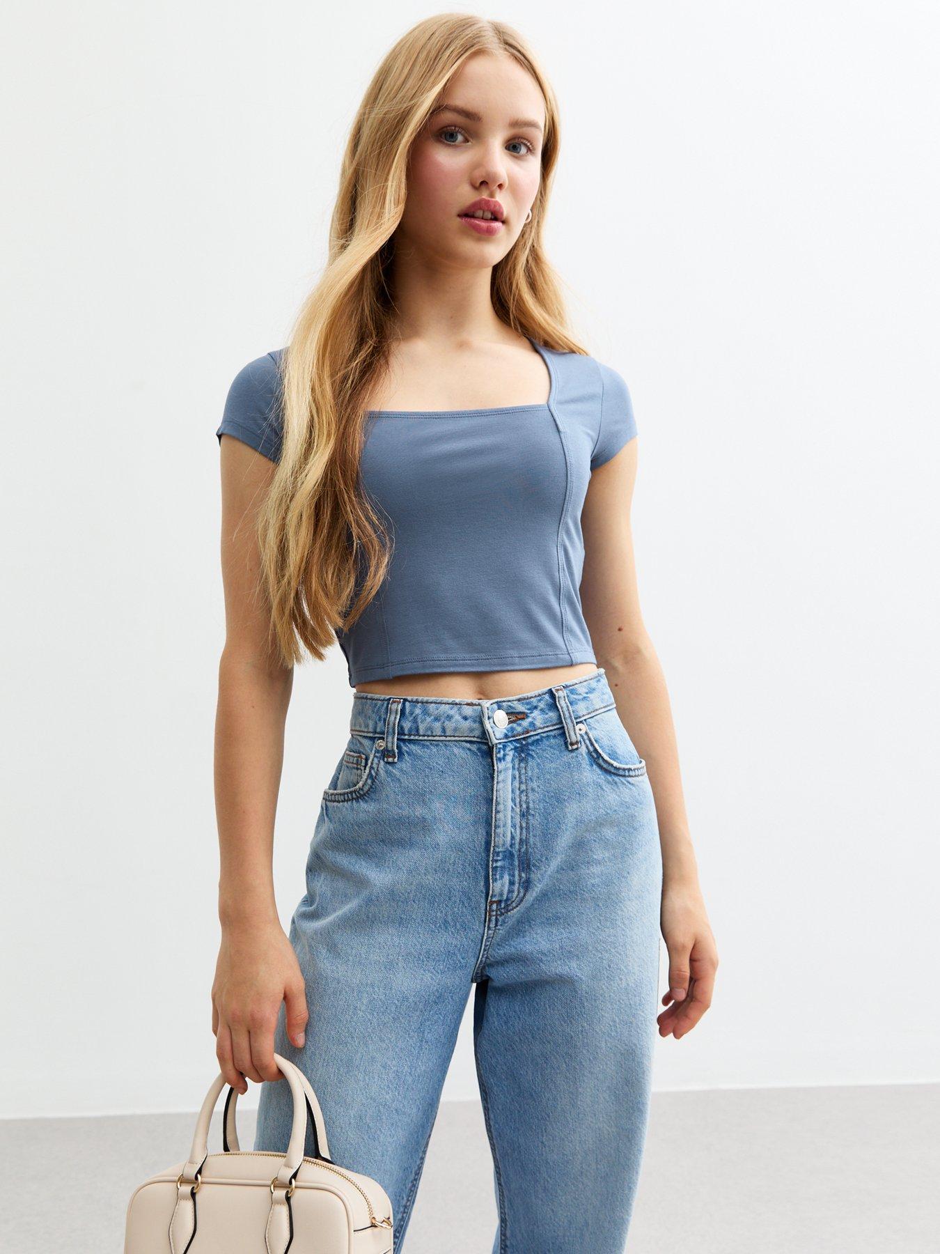 undefined Girls Blue Square Neck Top - Dark Blue