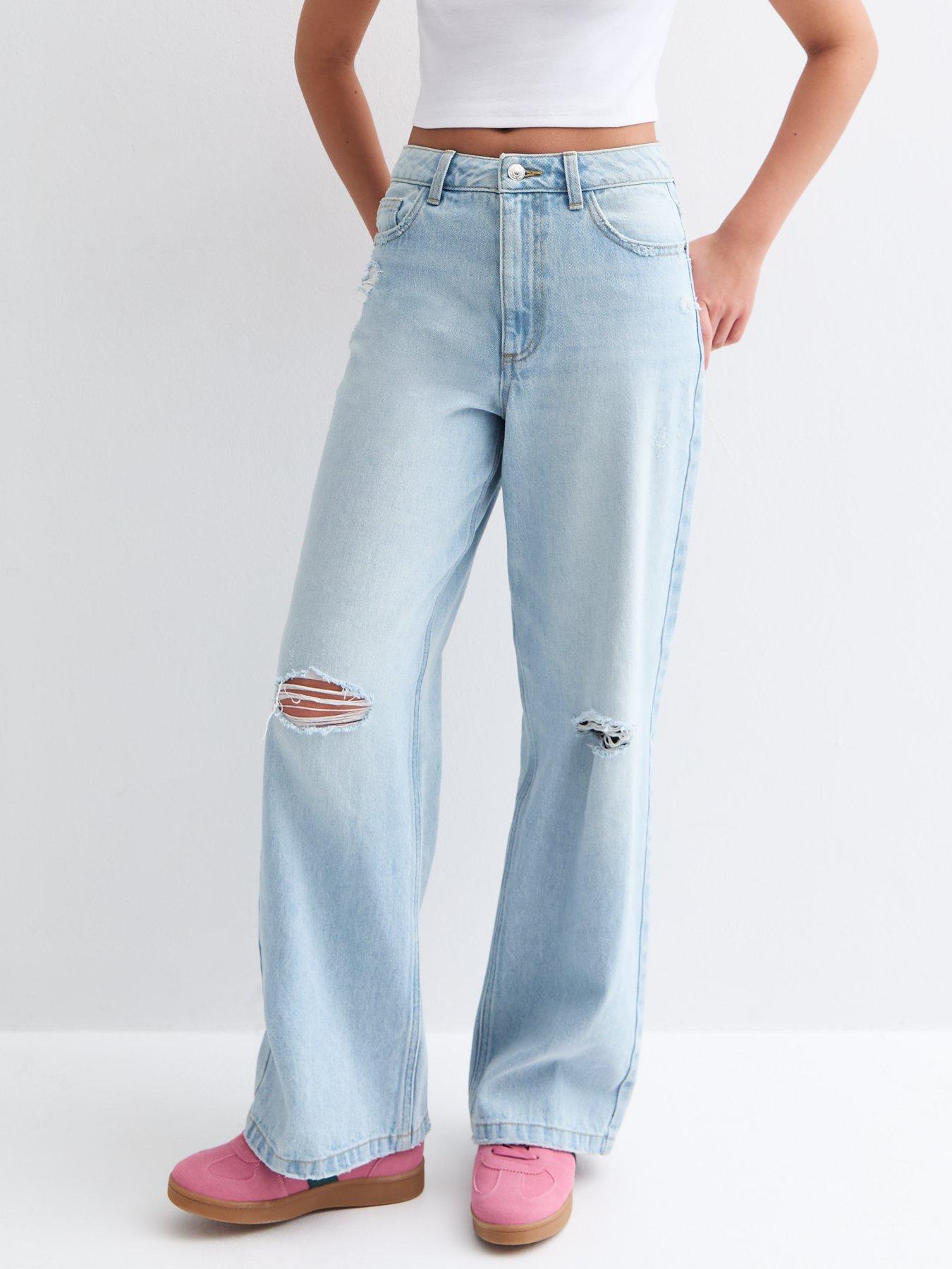 undefined Girls Wide Leg Ripped Jeans - Light Blue