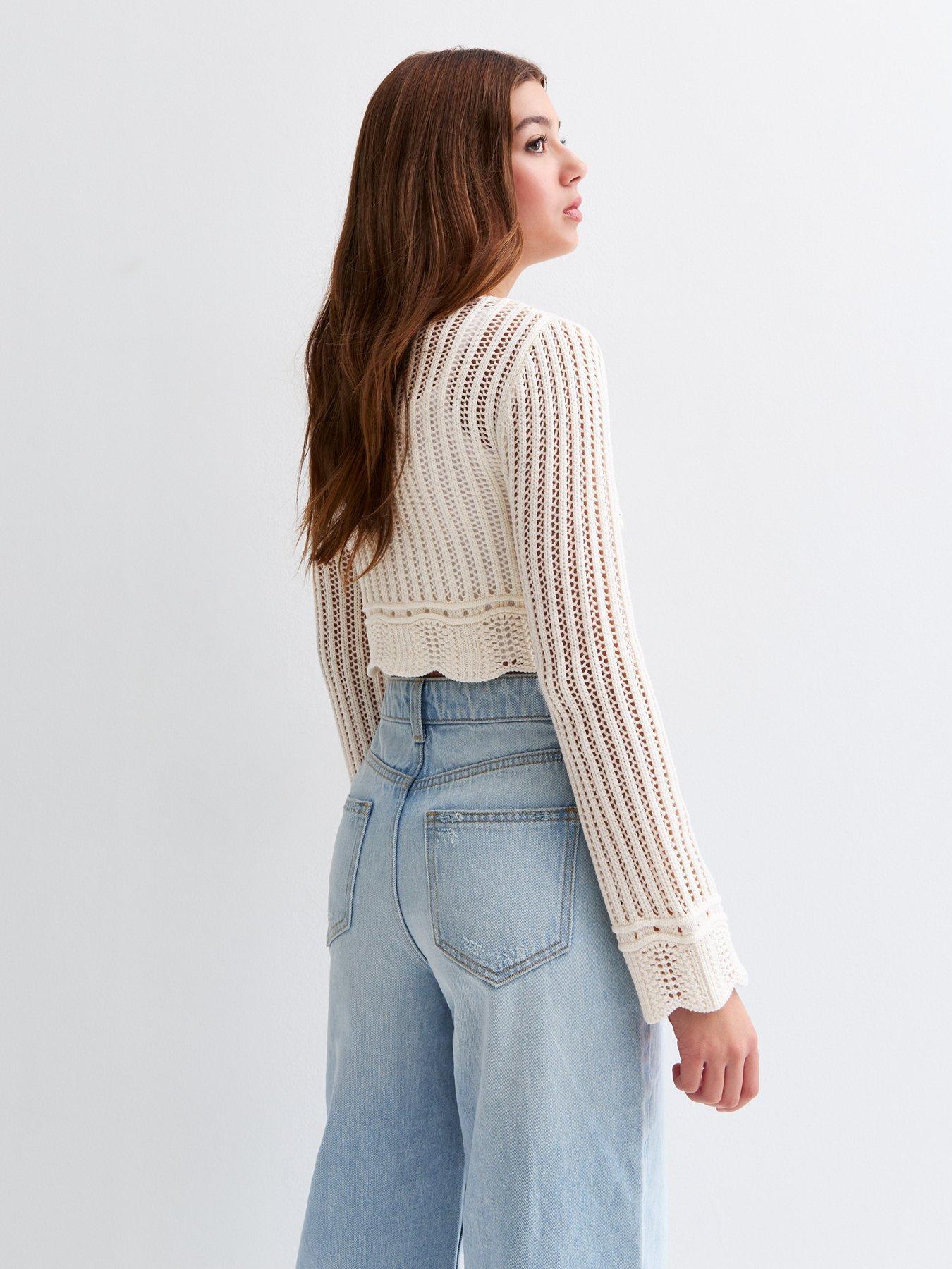 Image 2 of 4 of New Look 915 Girls Ruched Front Open Knit Cropped Jumper - Cream