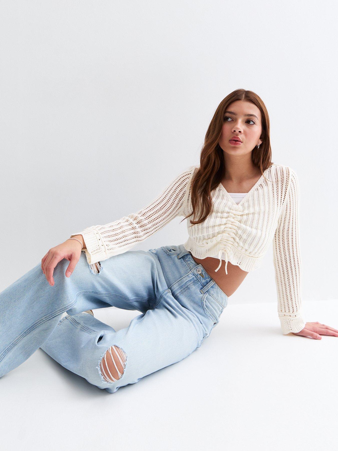 Image 3 of 4 of New Look 915 Girls Ruched Front Open Knit Cropped Jumper - Cream