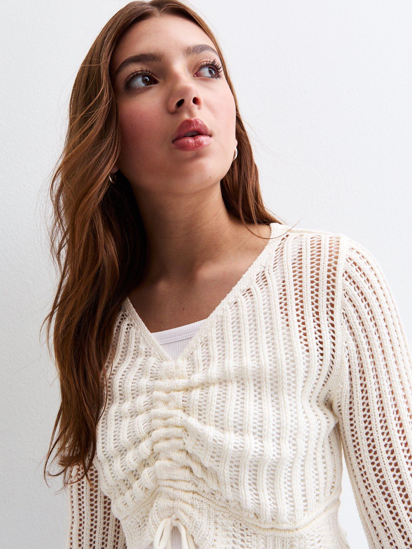 Image 4 of 4 of New Look 915 Girls Ruched Front Open Knit Cropped Jumper - Cream