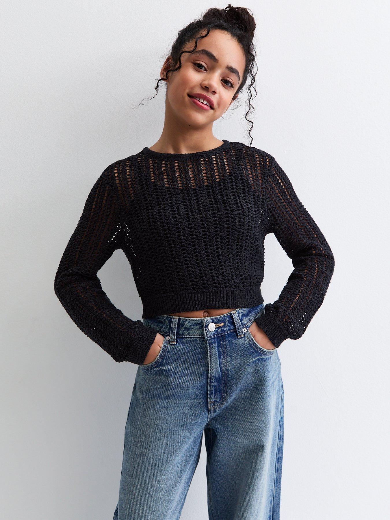 undefined Girls Open Knit Crew Neck Jumper - Black