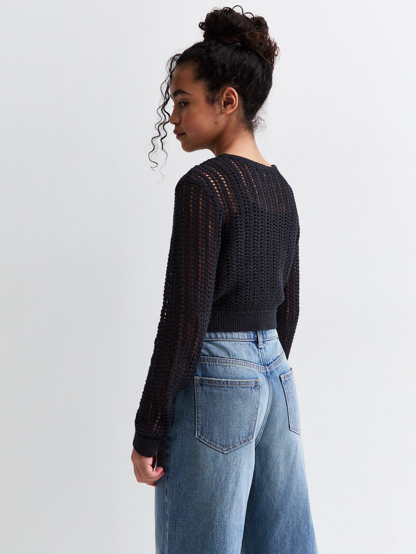 Image 2 of 4 of New Look 915 Girls Open Knit Crew Neck Jumper - Black