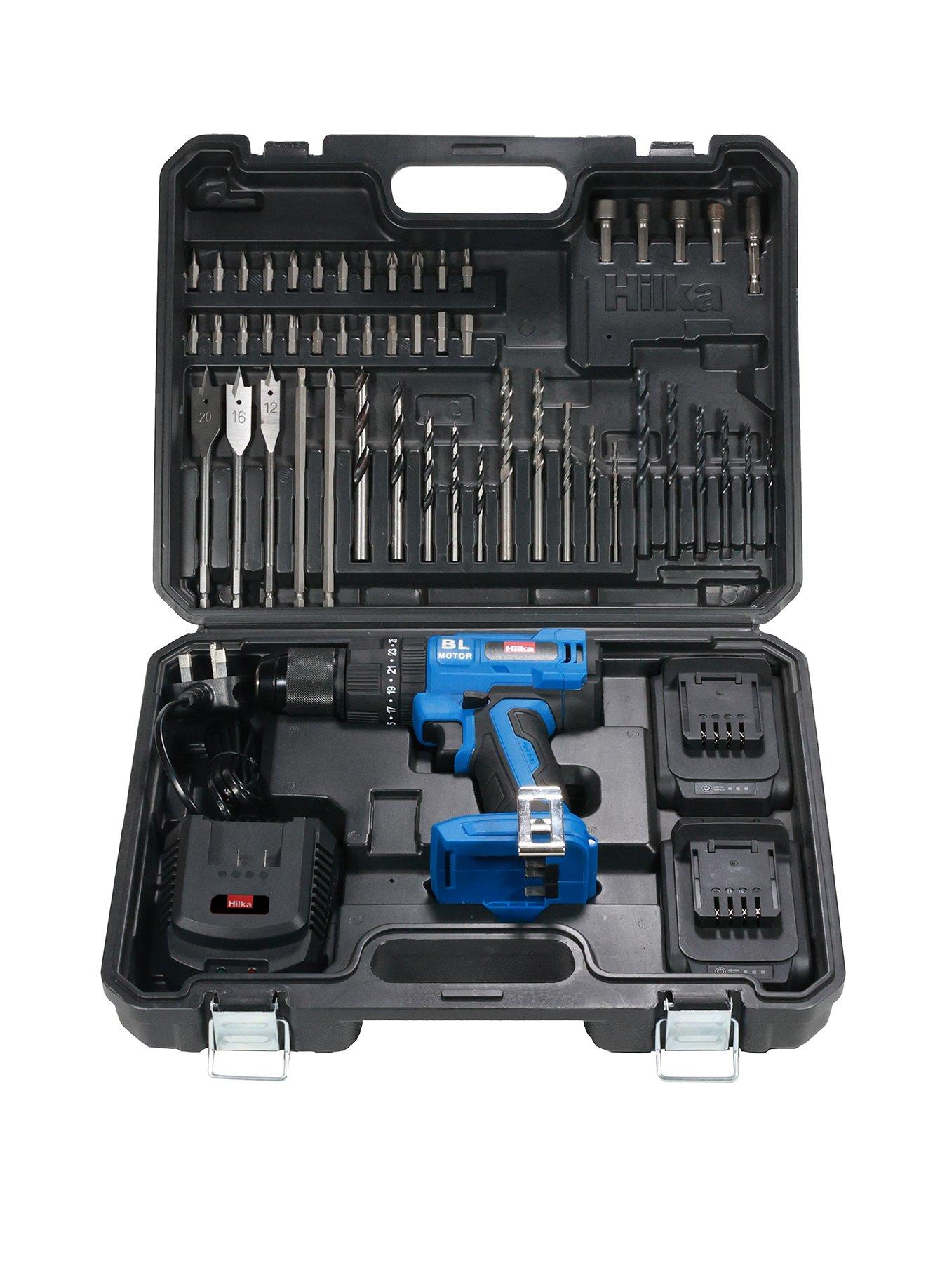 Product photograph of Hilka Tools 18v Li-ion Brushless Combi Drill With Two 2 0ah Batteries 50 Pce Accessories from very.co.uk