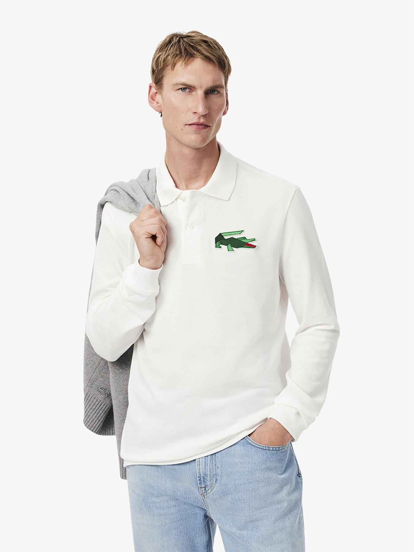 Lacoste Relaxed Fit Signature Large Croc Long Sleeve Polo Shirt White Very