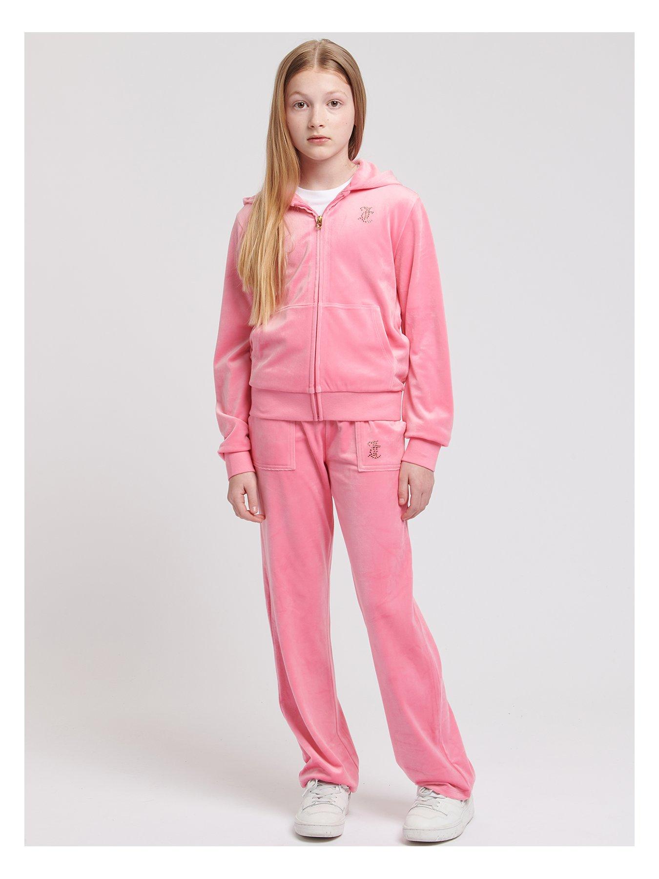 Juicy Couture Girls Jc Diamante Zip Thru Hoodie And Wide Leg Jogger Set - Pink