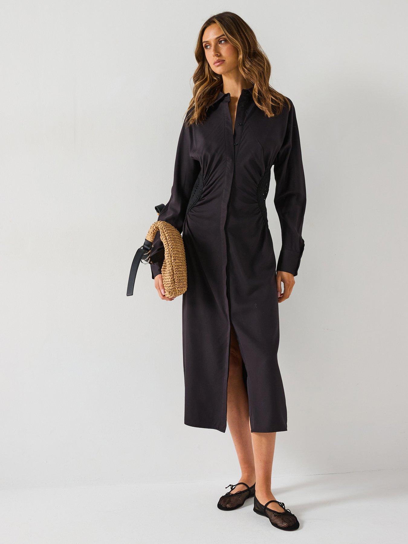 undefined Crochet Trim Midi Shirt Dress - Black