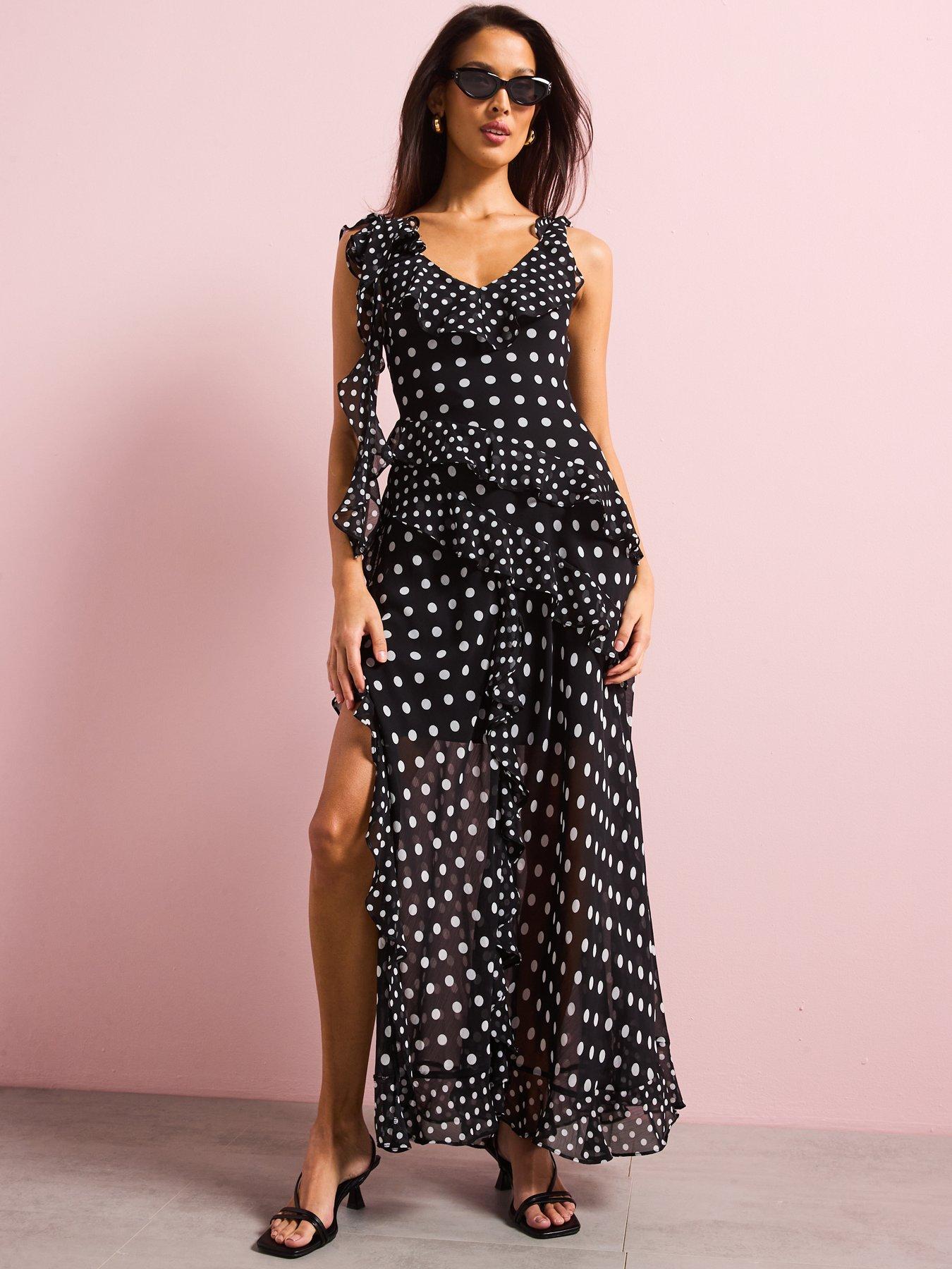 Image 2 of 6 of V by Very Ruffle Polka Dot Chiffon Maxi Dress - Black