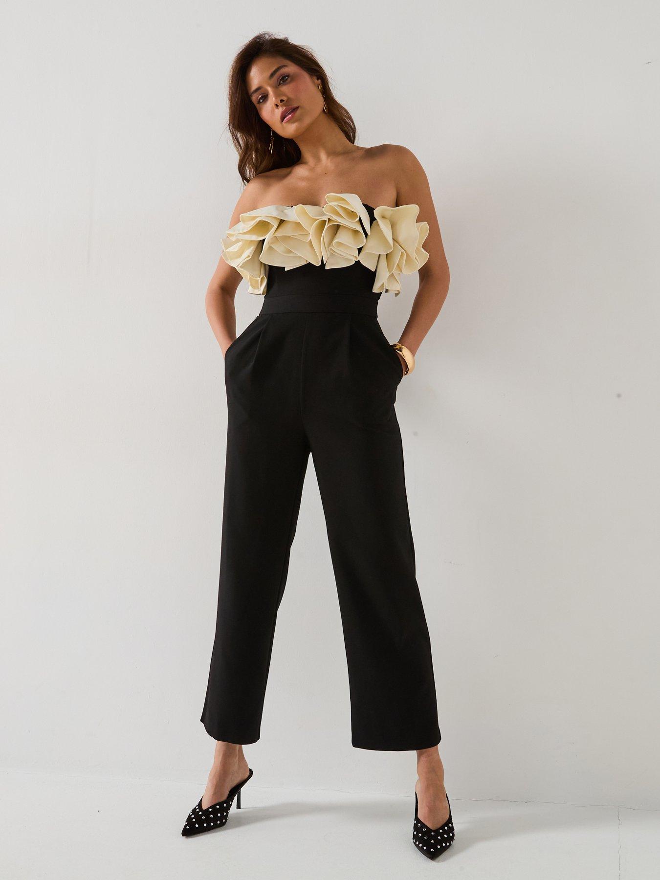 Image 1 of 6 of V by Very Bandeau Ruffle Mono Jumpsuit - Black