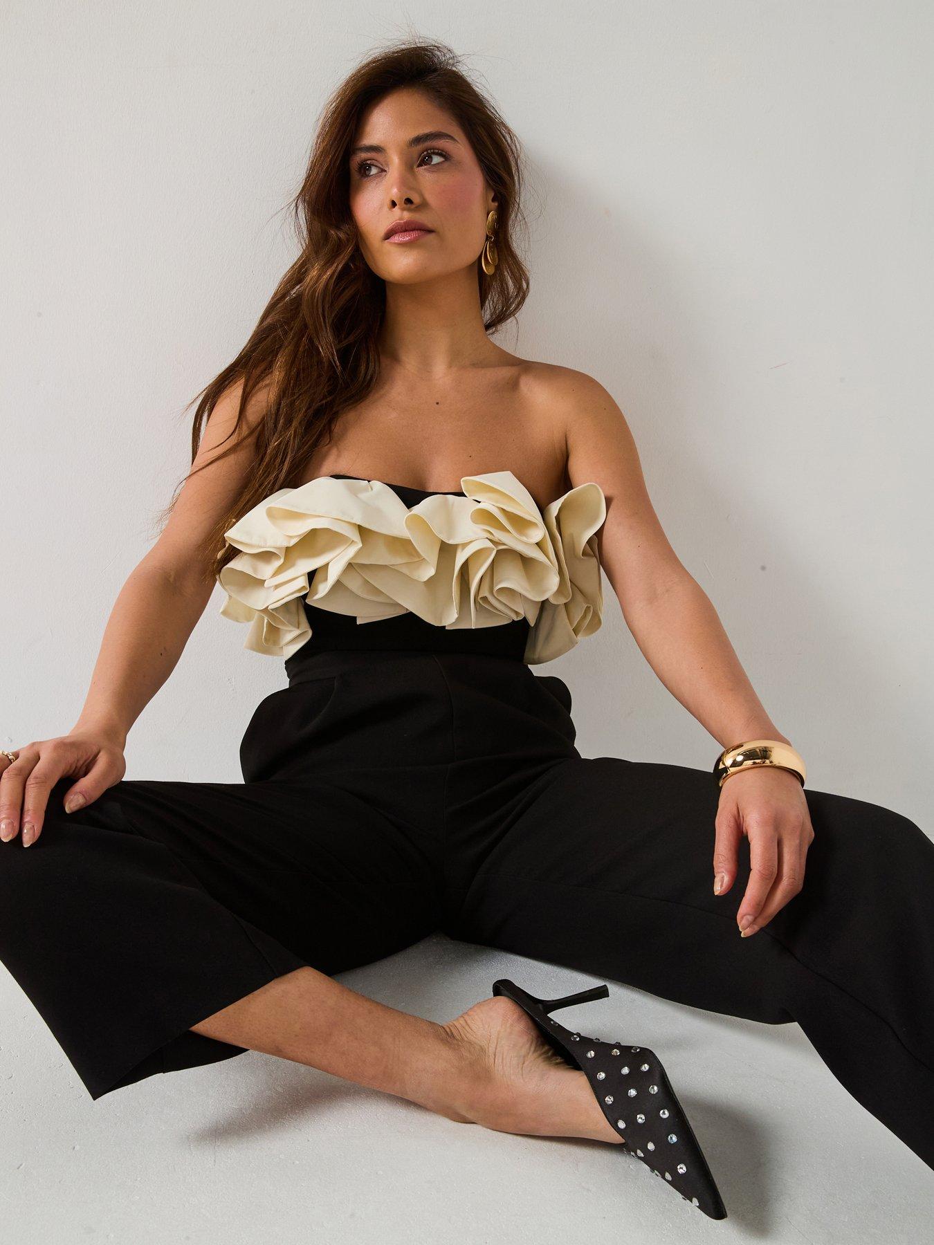 Image 3 of 6 of V by Very Bandeau Ruffle Mono Jumpsuit - Black
