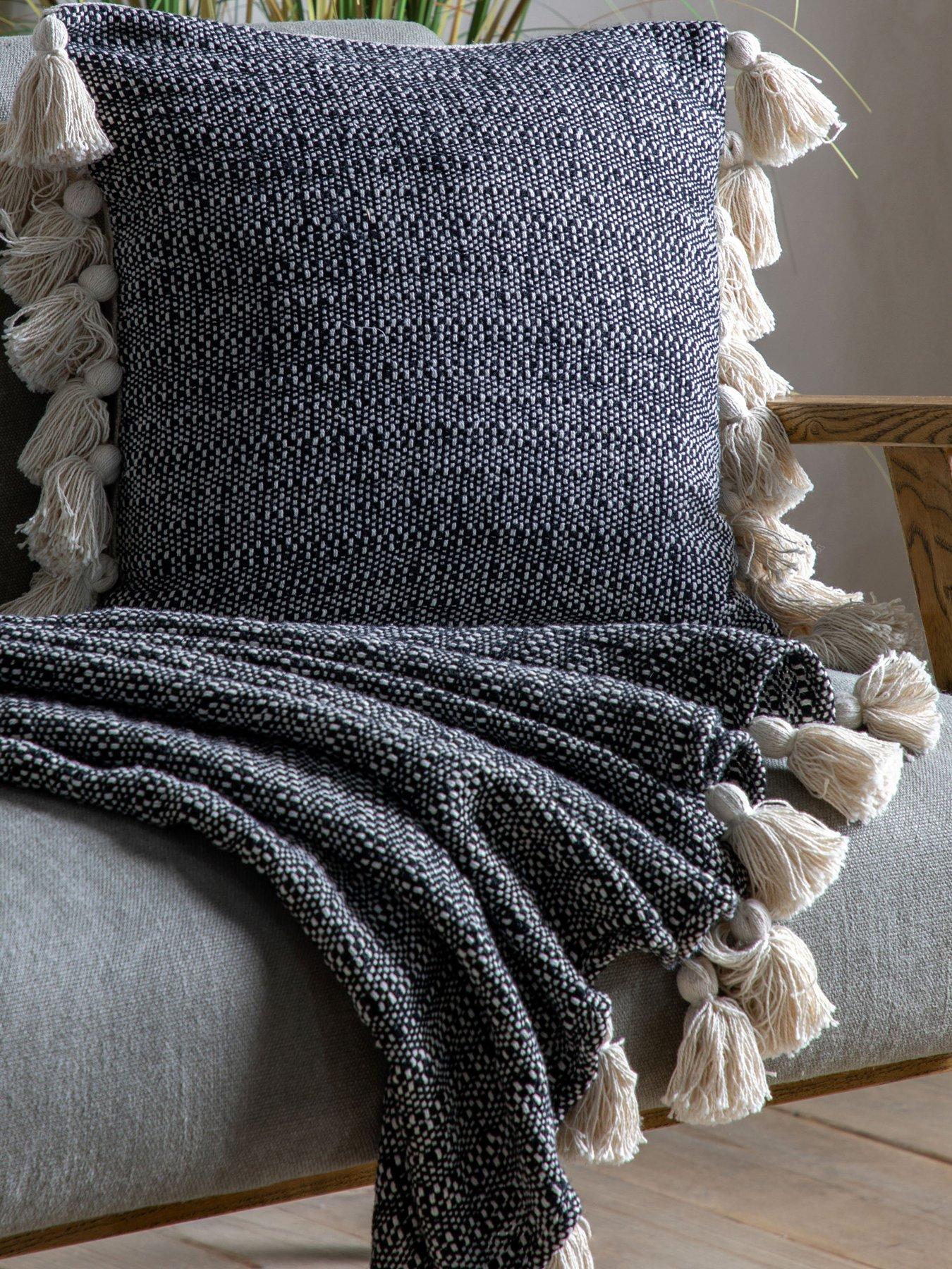 Product photograph of Gallery Woven Throw With Tassels 1300x1700mm- Black from very.co.uk