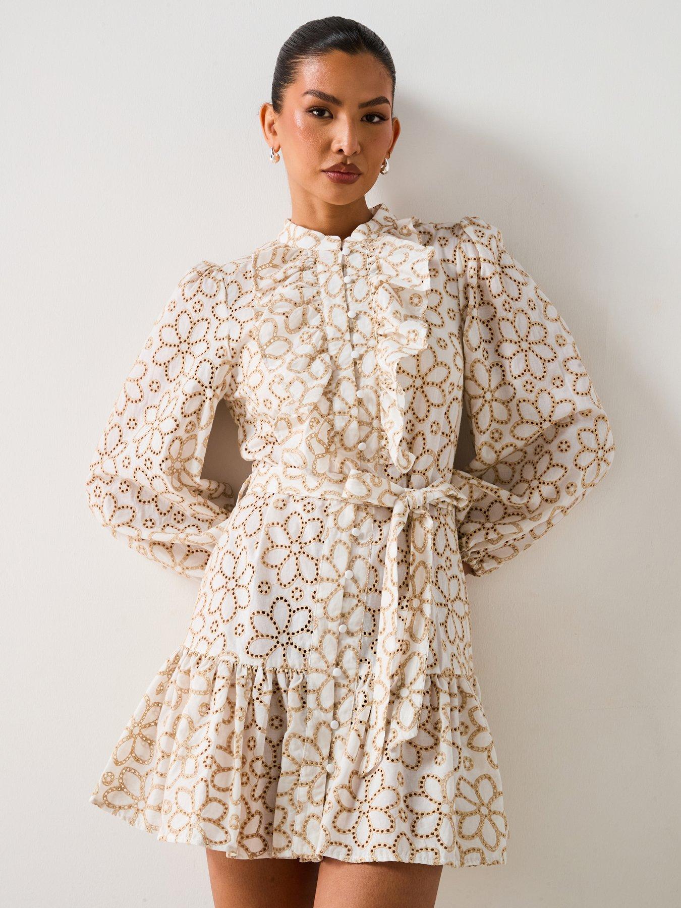 undefined Contrast Embroidered Mini Shirt Dress - Cream