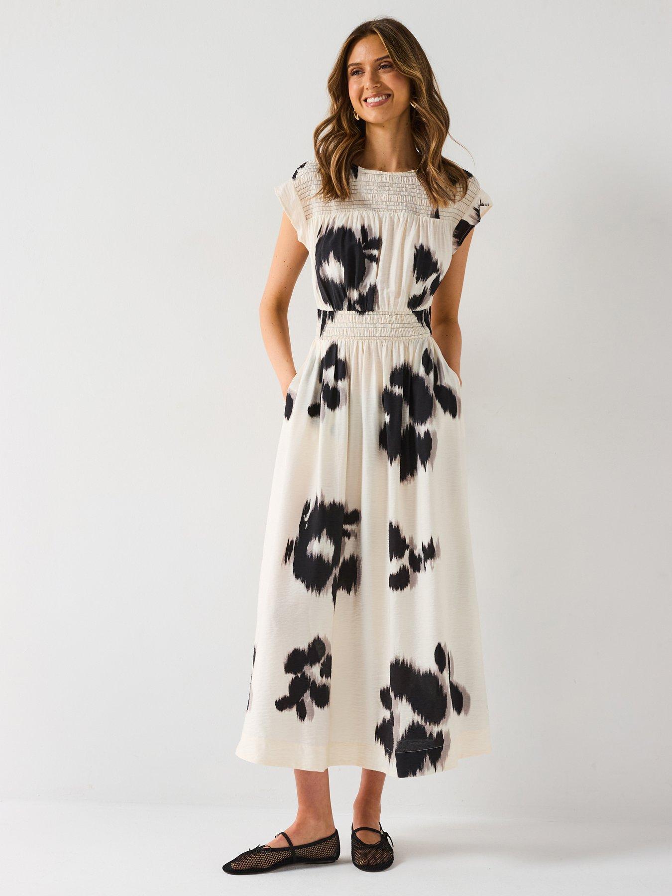 undefined Shirred Detail Printed Midi Dress - Cream
