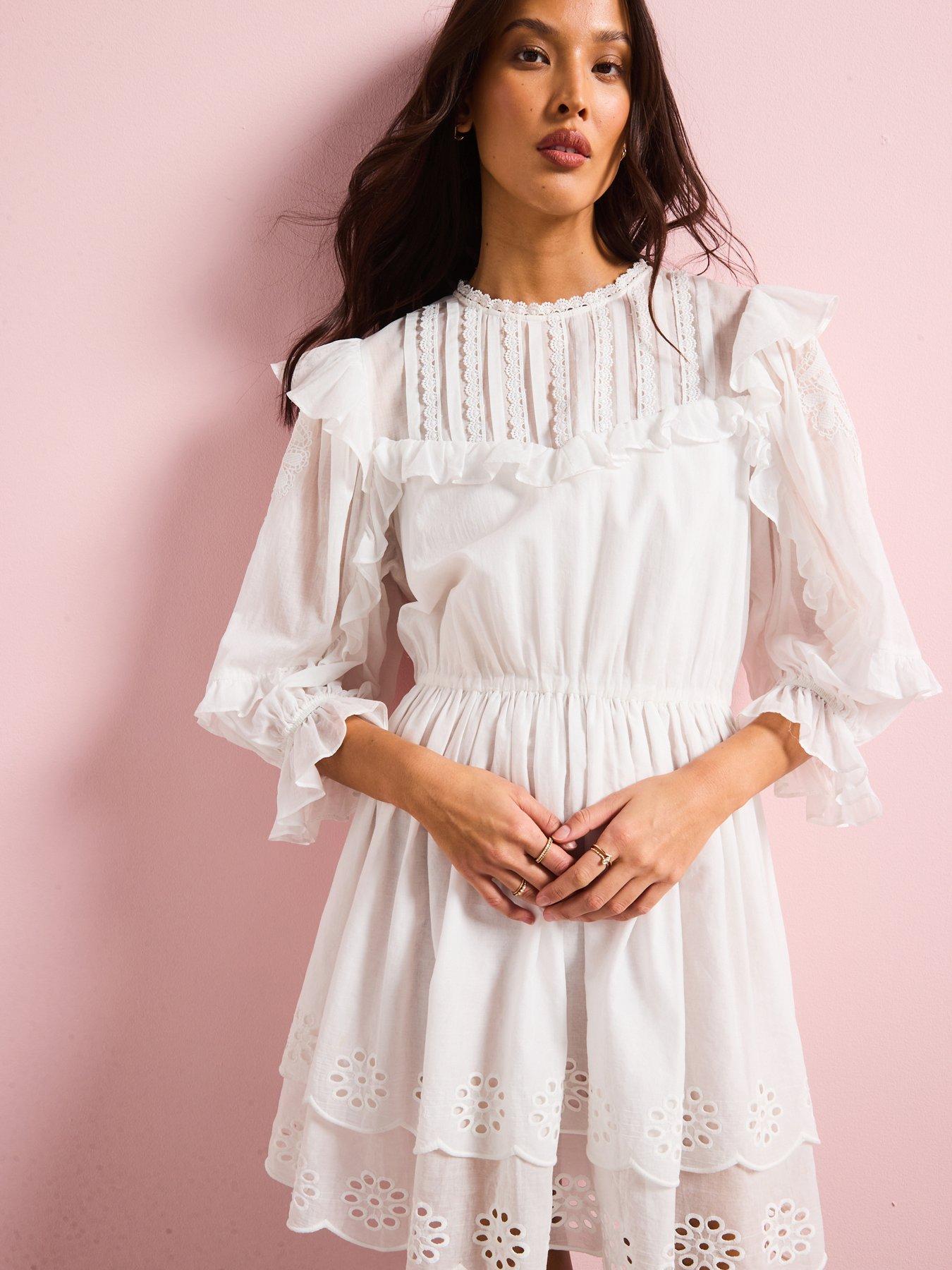 Image 3 of 6 of V by Very Frill Embroidered Mini Dress - White