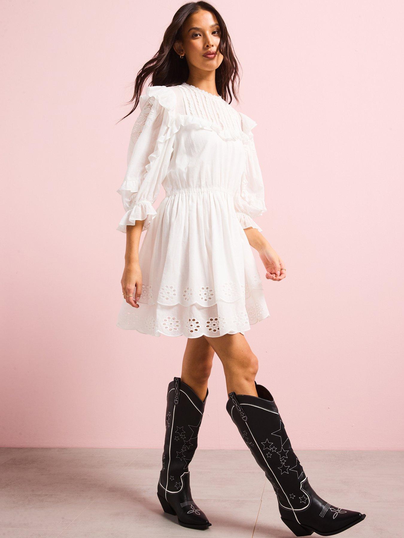 Image 4 of 6 of V by Very Frill Embroidered Mini Dress - White