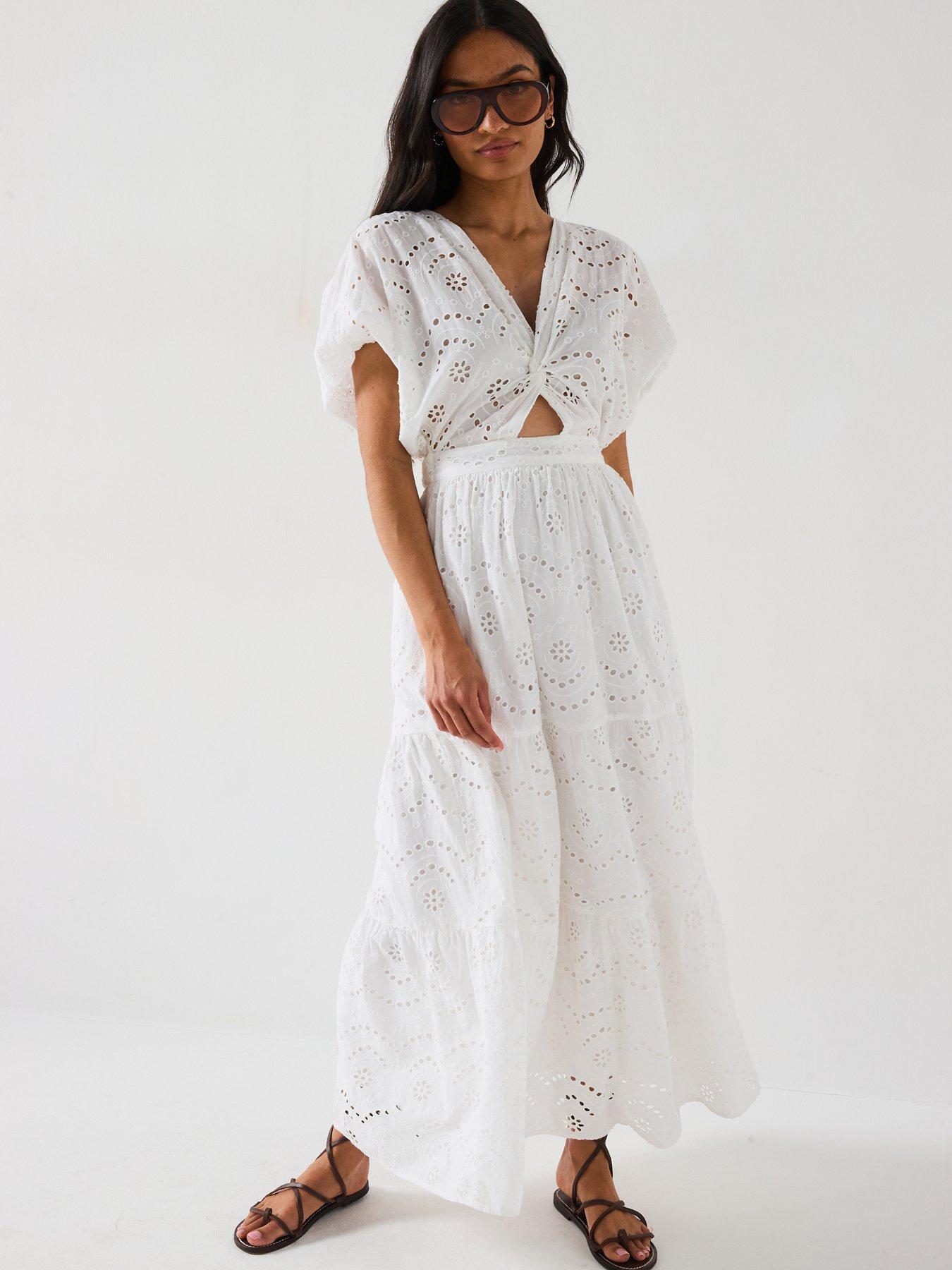 undefined Broderie Twist Front Midaxi Dress - White