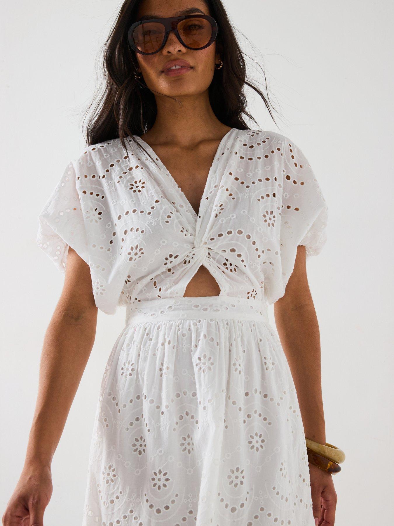 Image 3 of 6 of V by Very Broderie Twist Front Midaxi Dress - White