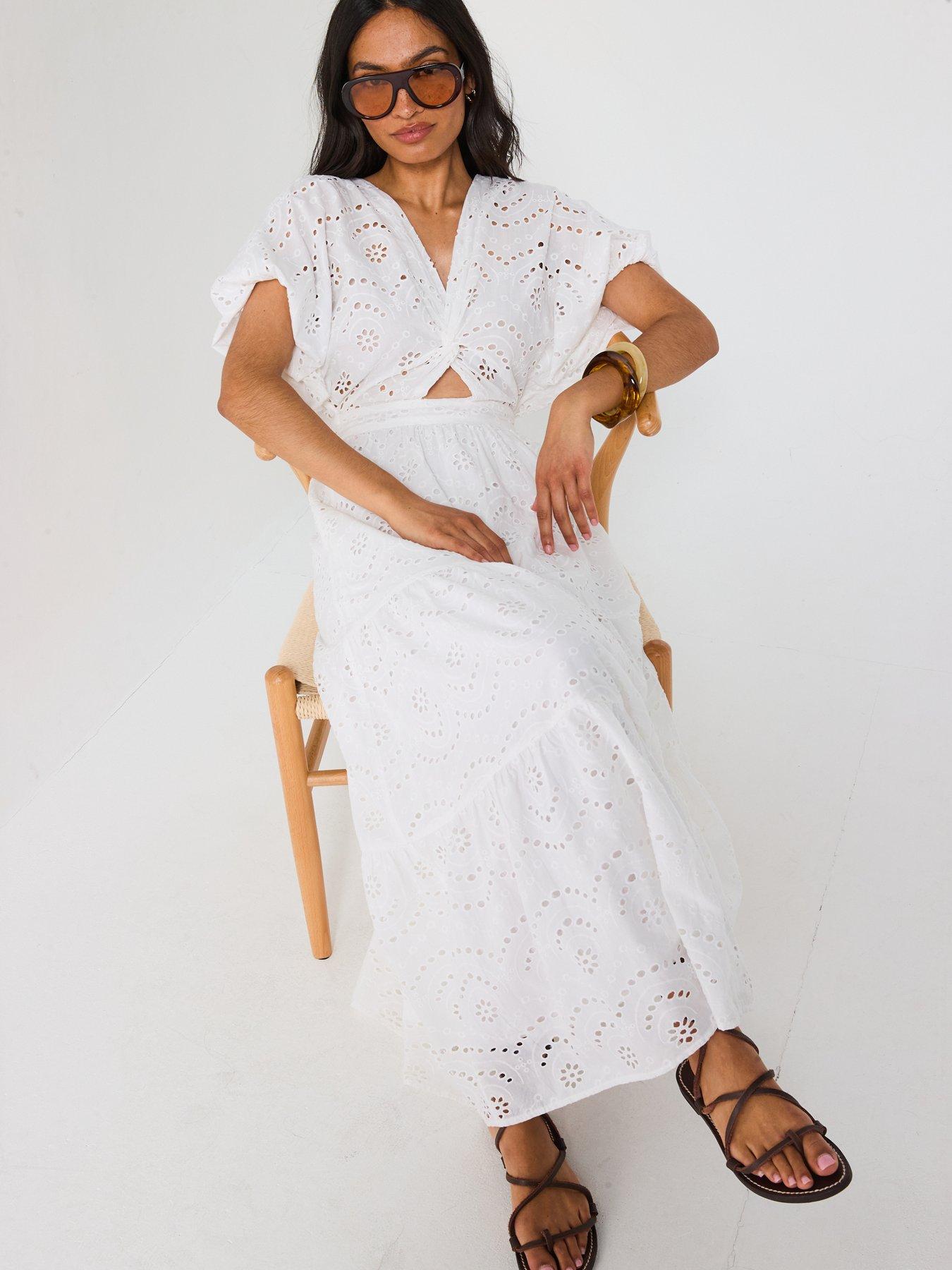 Image 4 of 6 of V by Very Broderie Twist Front Midaxi Dress - White