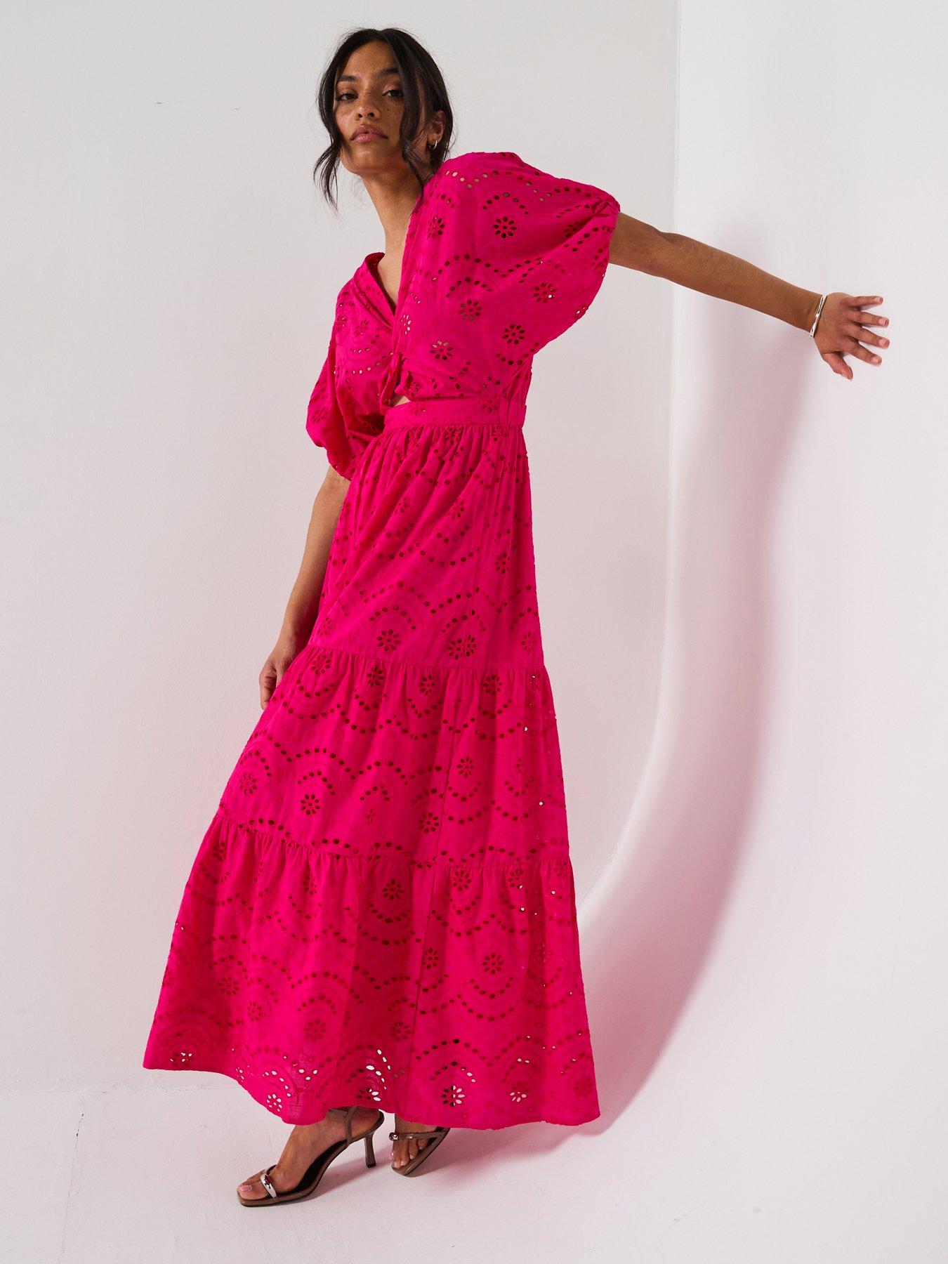 undefined Broderie Twist Front Midaxi Dress - Pink