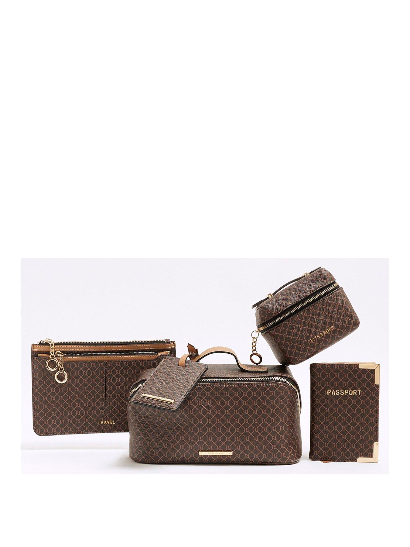 River Island Brown Faux Leather RI Monogram Travel Bundle