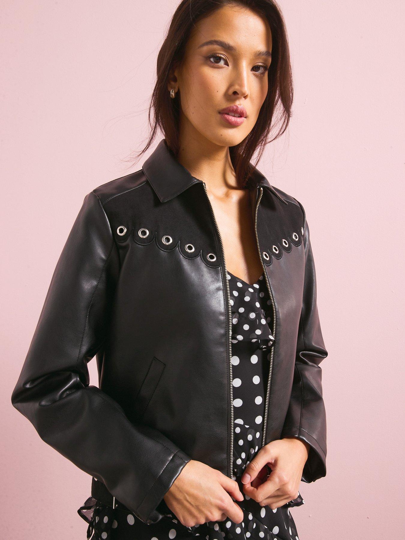 undefined Eyelet Detail Faux Leather  &  Suede Jacket - Black