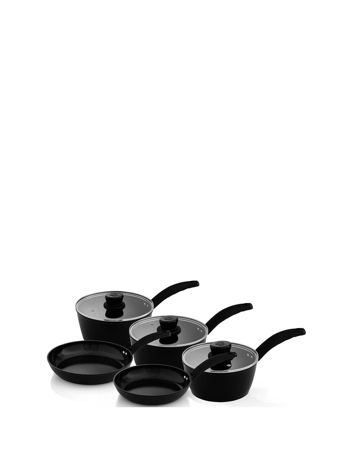Swan Stealth 5 Piece Cookware Set with Superior Ceramic Coating, 18/20/22cm Saucepans with Tempered Glass Lids, 20/24cm Frying Pans, Induction Compatible, Black
