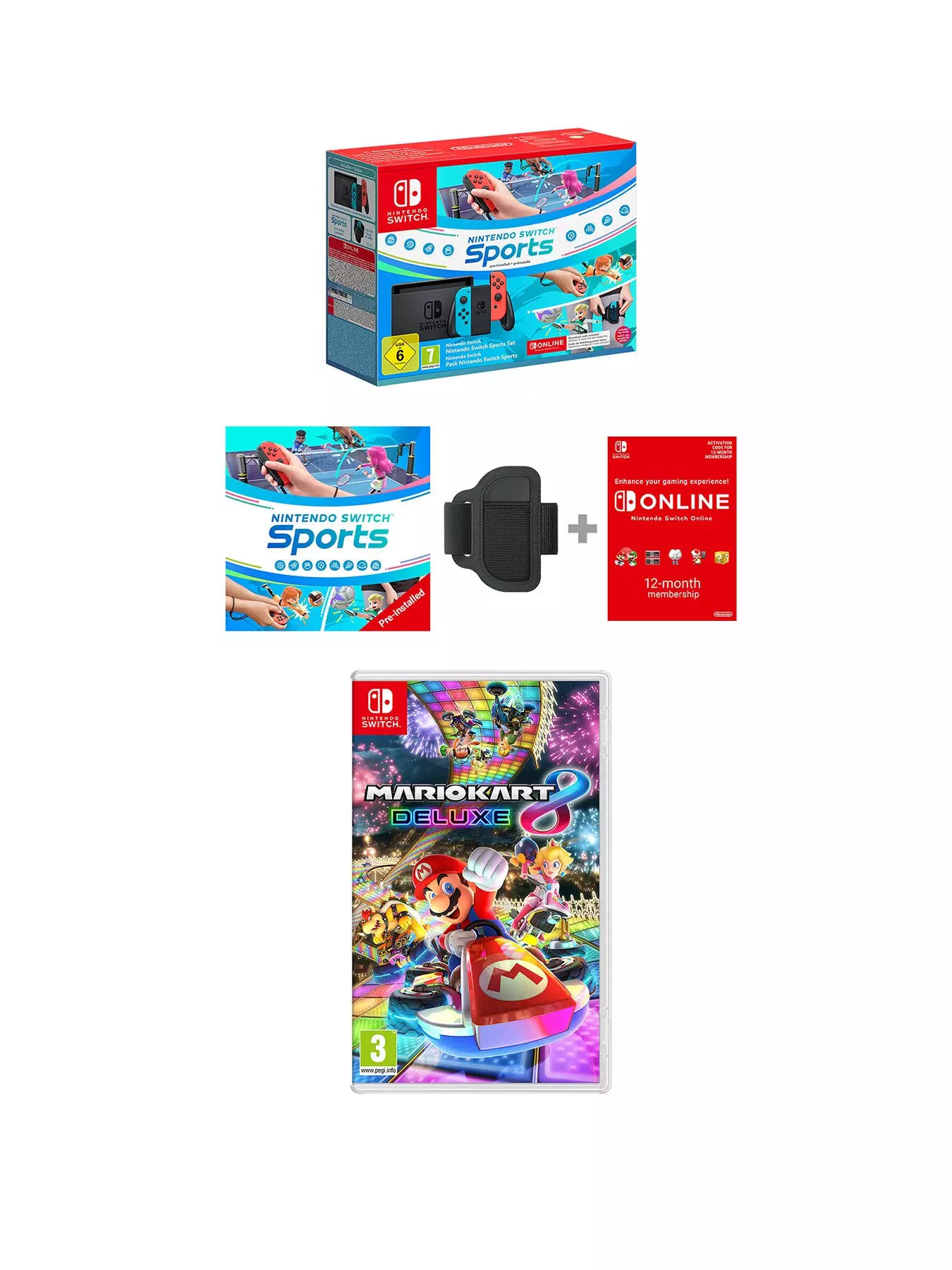 Nintendo Switch Neon Console with Switch Sports Set + Mario Kart 8 Deluxe + 12 Months Nintendo Switch Online