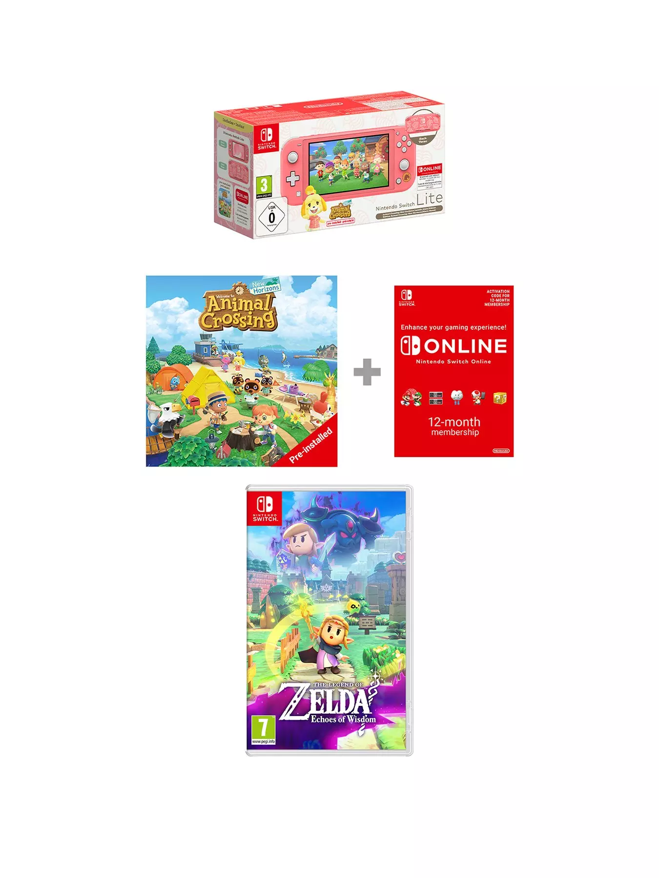 Nintendo Switch LiteCoral Console Animal Crossing New Horizons Isabelle Alhoa Edition + Legend Of Zelda: Echoes Of Wisdom + 12 Months Nintendo Switch Online