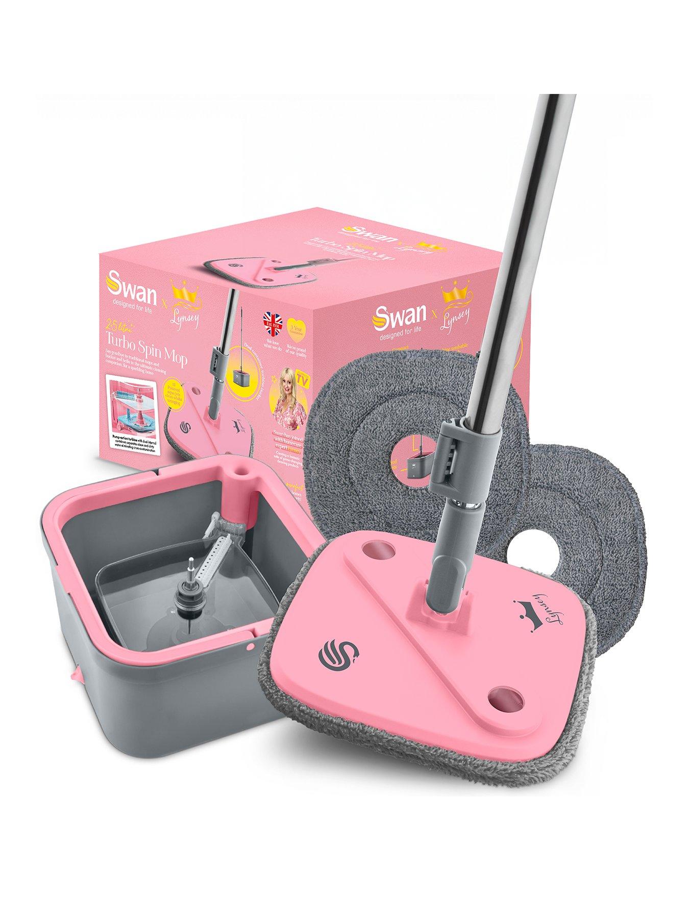 Swan Lynsey TVs Queen of Clean Turbo Spin Mop with Rinse  &  Wring 360° Spin Cycle, Clean Water Tank, Dirty Water Tank, Collapsible Handle, Microfibre Pad and Washable Heads, Pink  &  Grey