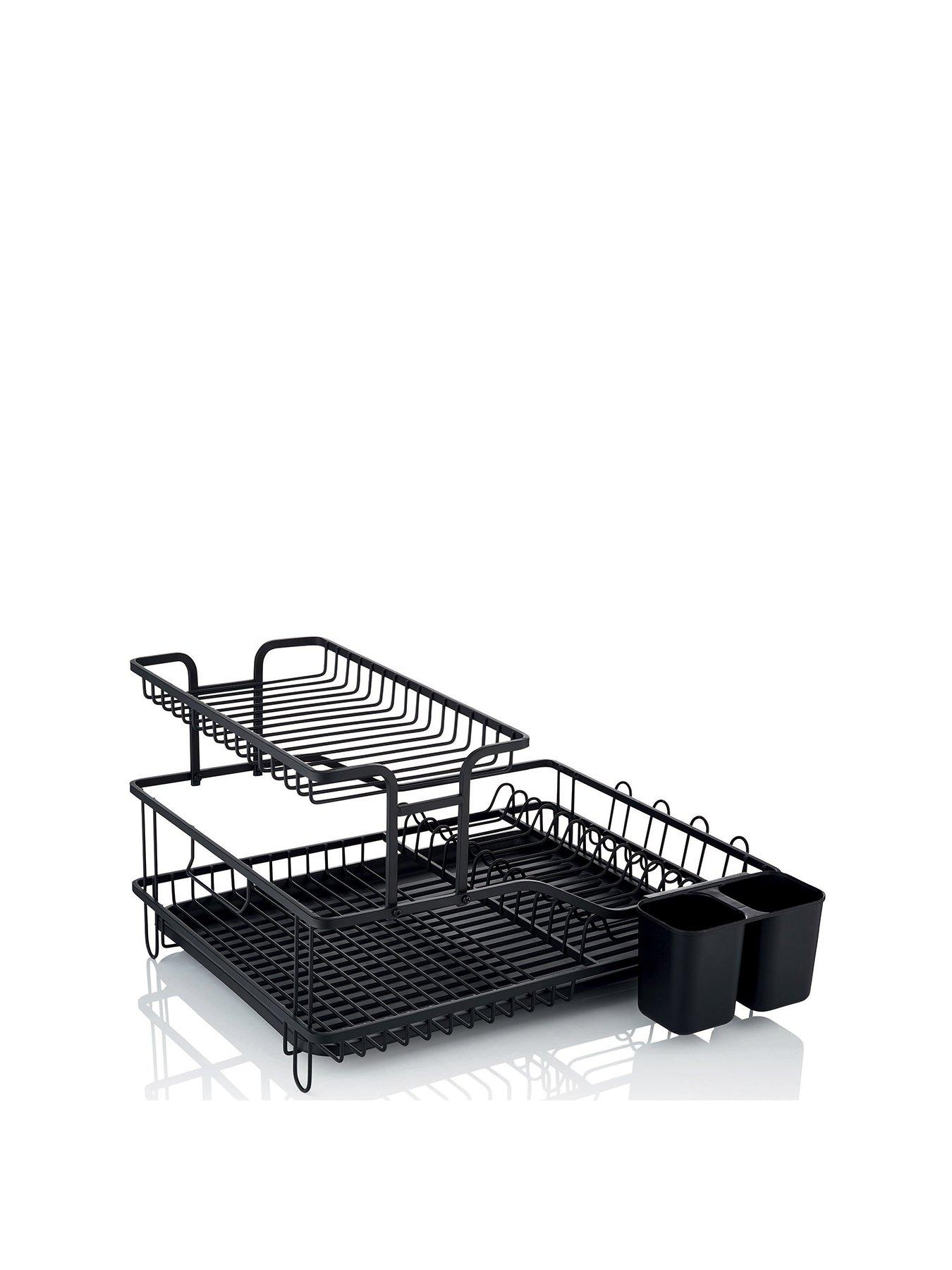 Swan Stealth 15 Plate Dish Rack, 2 Tier, Matte Black with removeable Drip Tray and Cutlery Basket