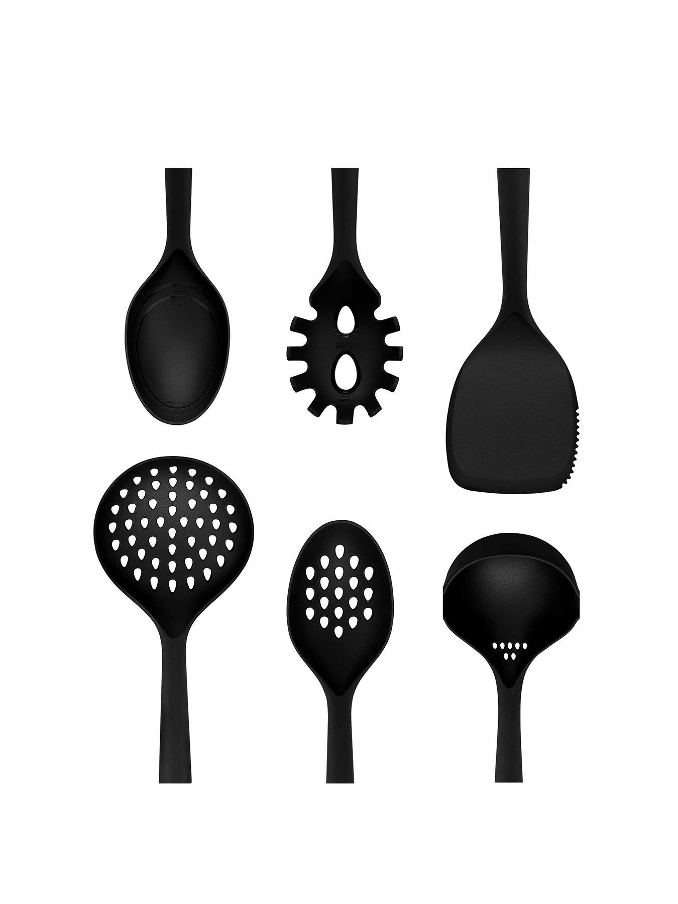 undefined Stealth 6 Piece Kitchen Tool Set, Spaghetti Server, Solid Spoon, Slotted Spoon, Solid Turner, Ladle, Skimmer, Soft Touch Handles, Hanging Holes, Black