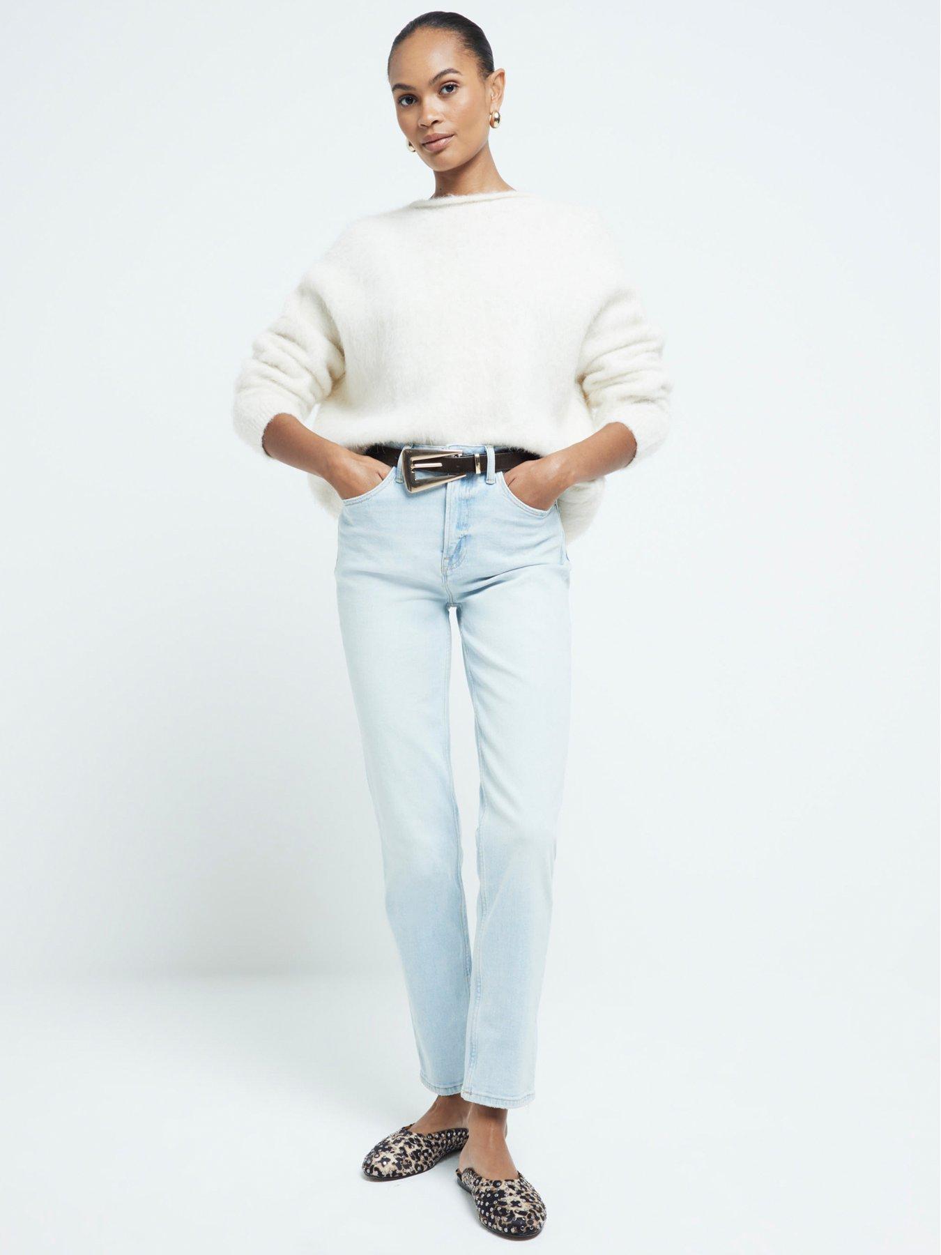 undefined High Waist Slim Straight Jeans - Light Blue