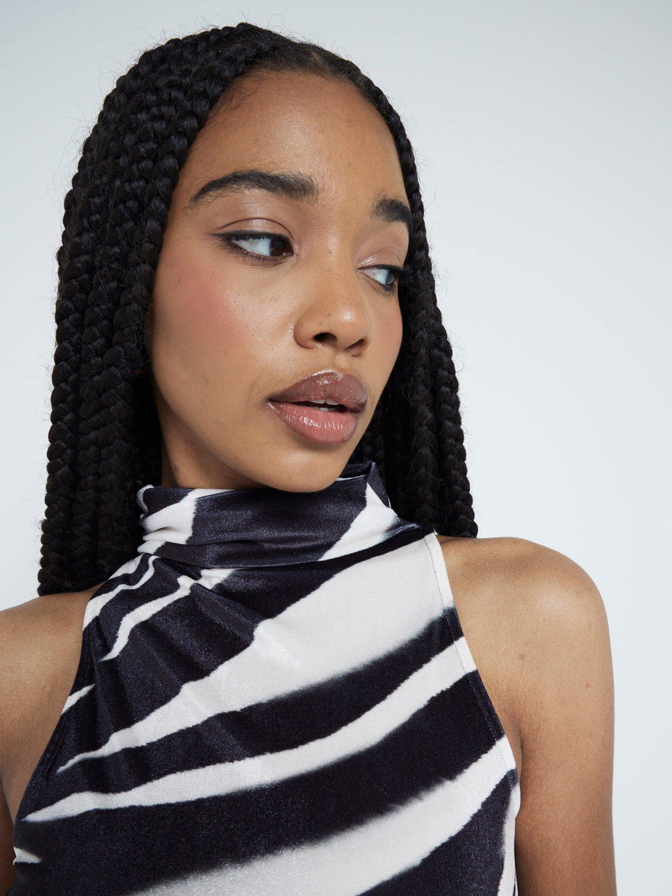 Image 4 of 4 of River Island Zebra Velvet Ruched Midi Dress - Black