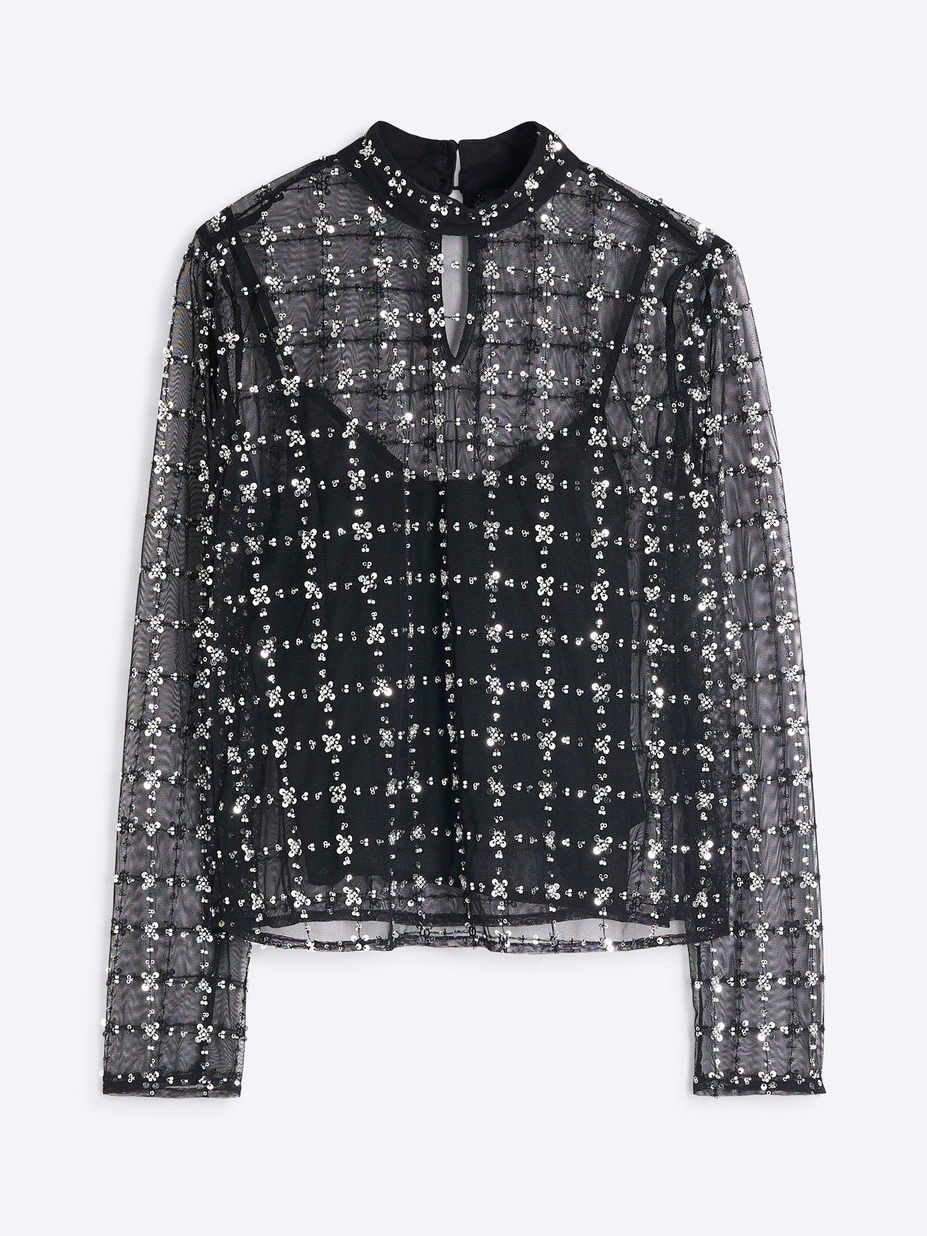 River Island Floral Sequin Mesh Top Black Very