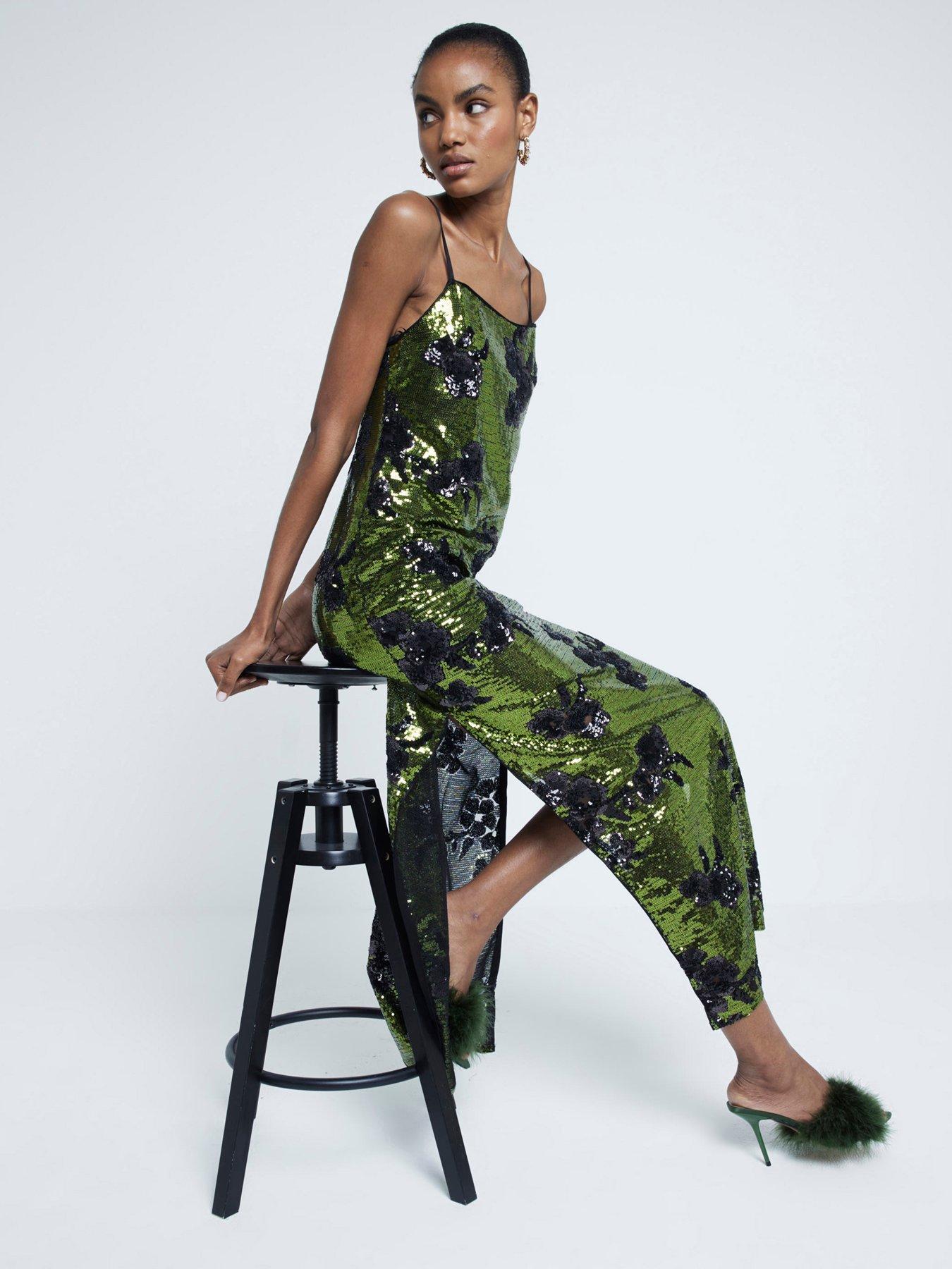 Strappy Sequin Slip Dress Green