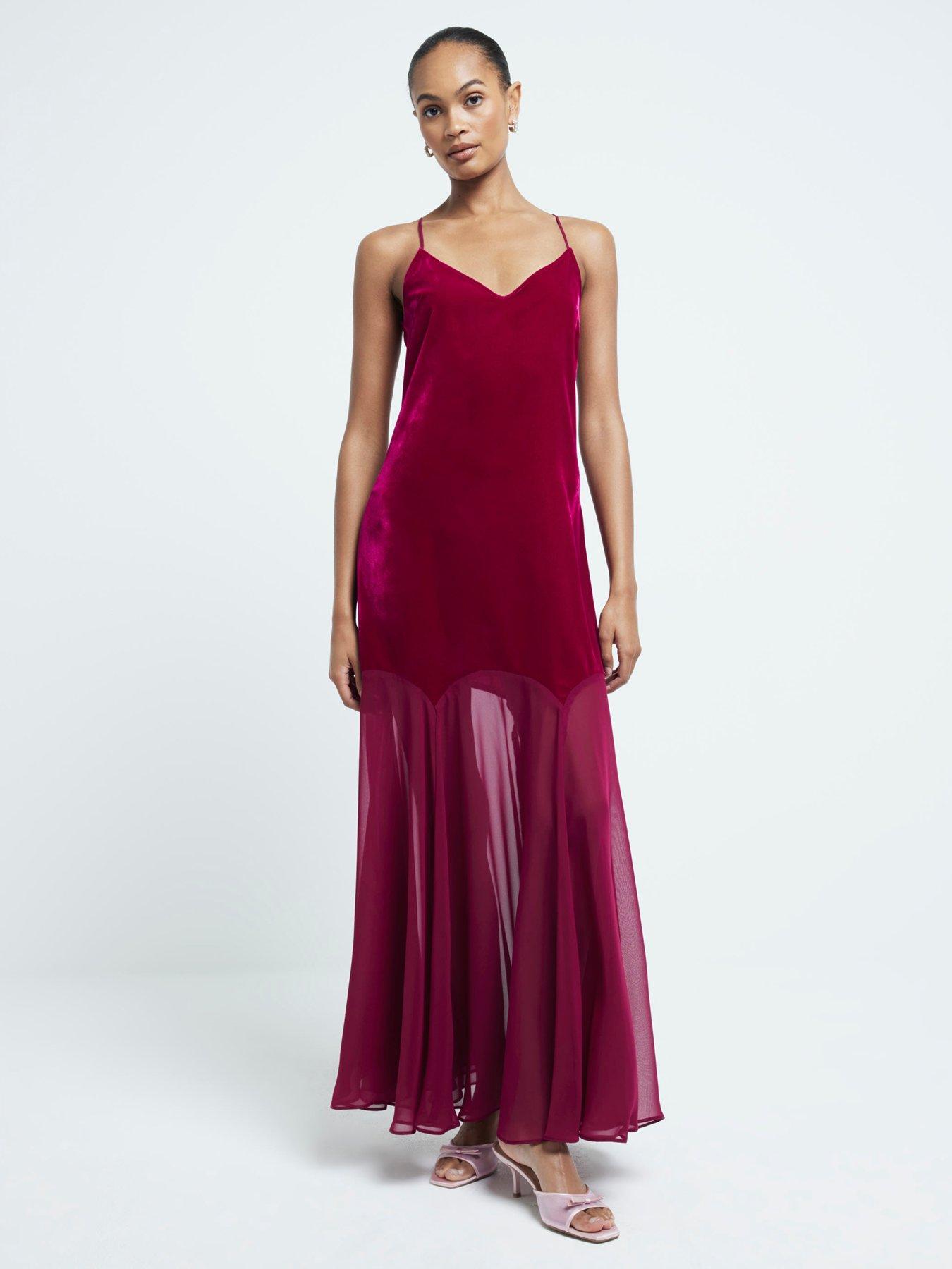 Velvet Chiffon Mix Maxi Dress Dark Red