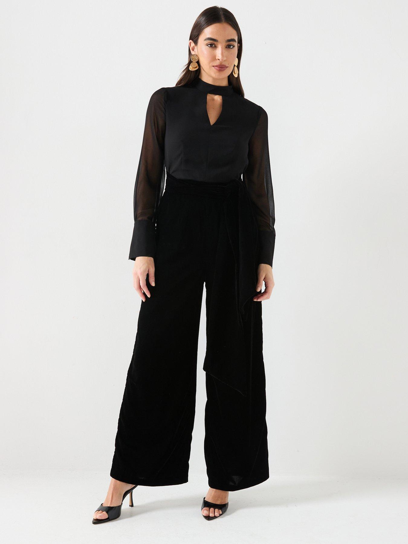 River Island Velvet Chiffon Jumpsuit - Black