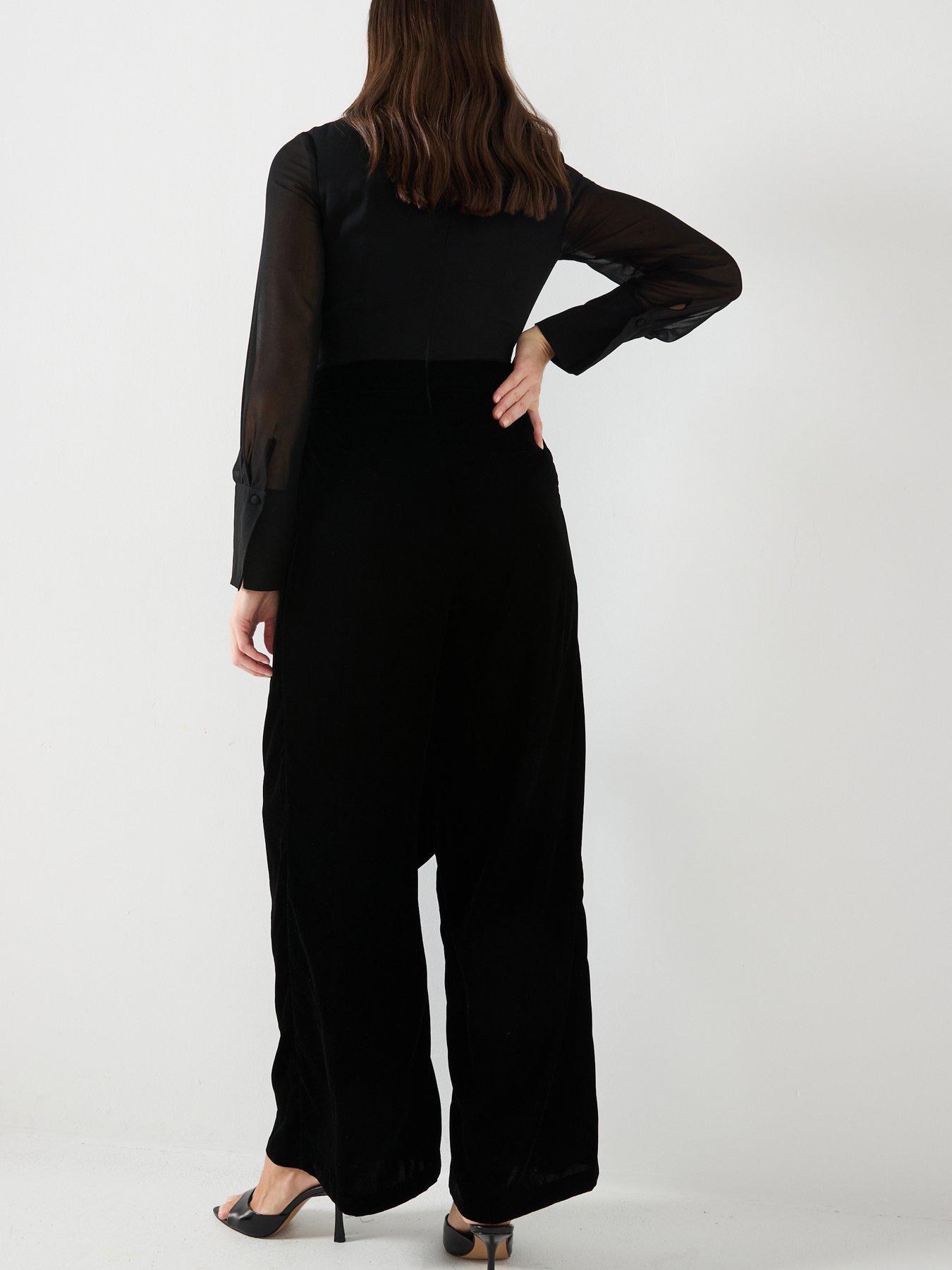 Image 6 of 6 of River Island Velvet Chiffon Jumpsuit - Black