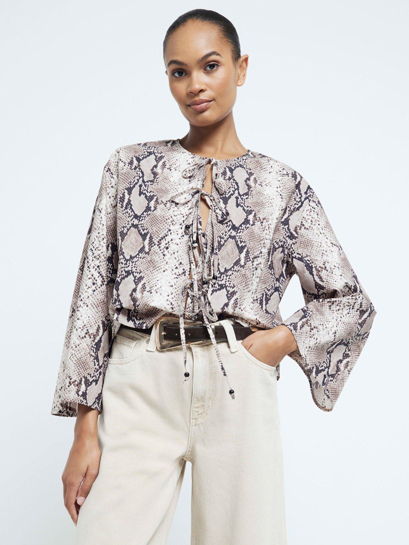undefined Poplin Snake Tie Front Top - Brown