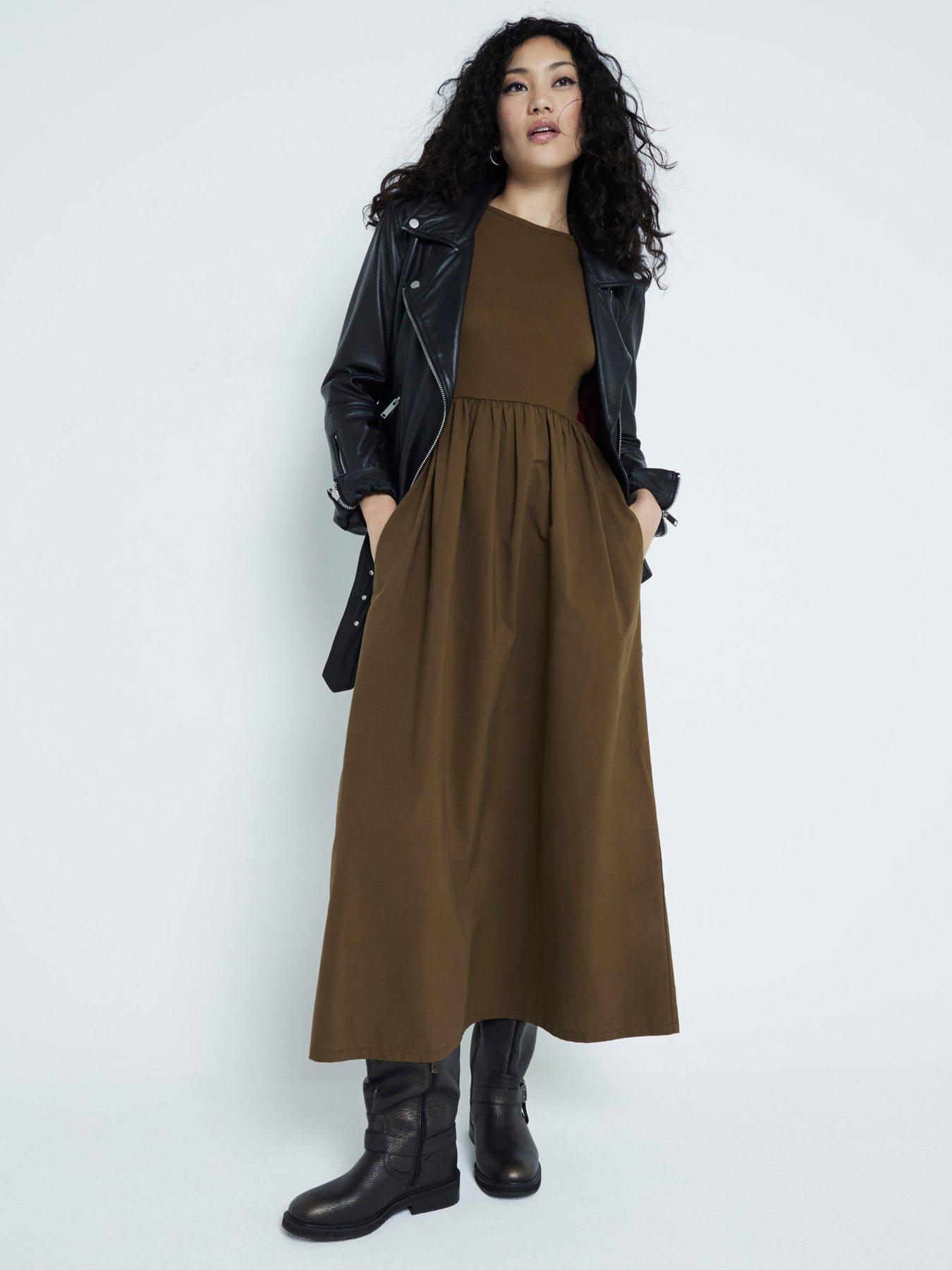 undefined Scoop Back Poplin Mix Dress - Khaki