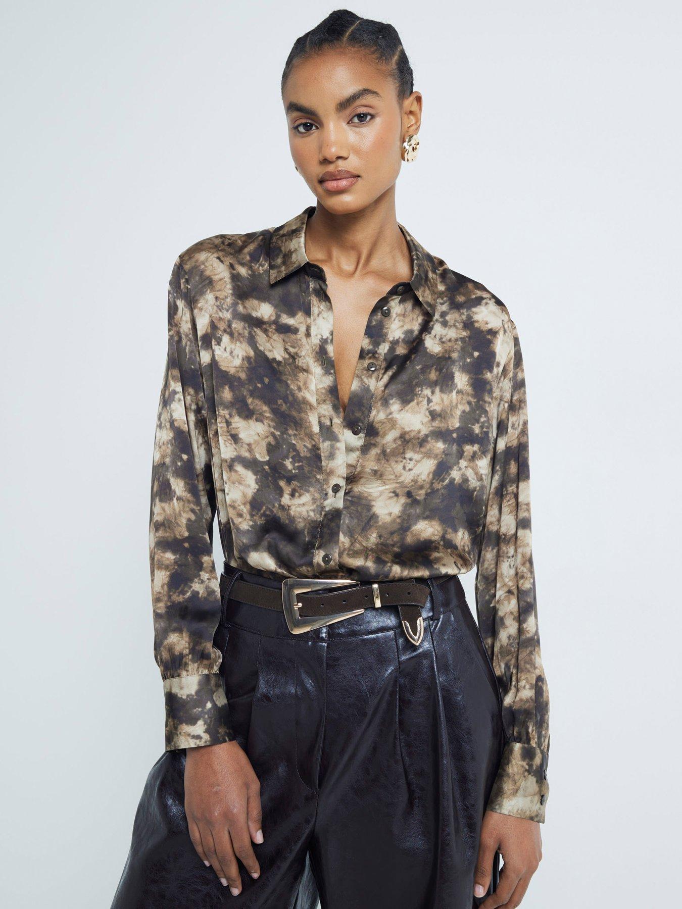 undefined Satin Printed Longline Shirt - Brown