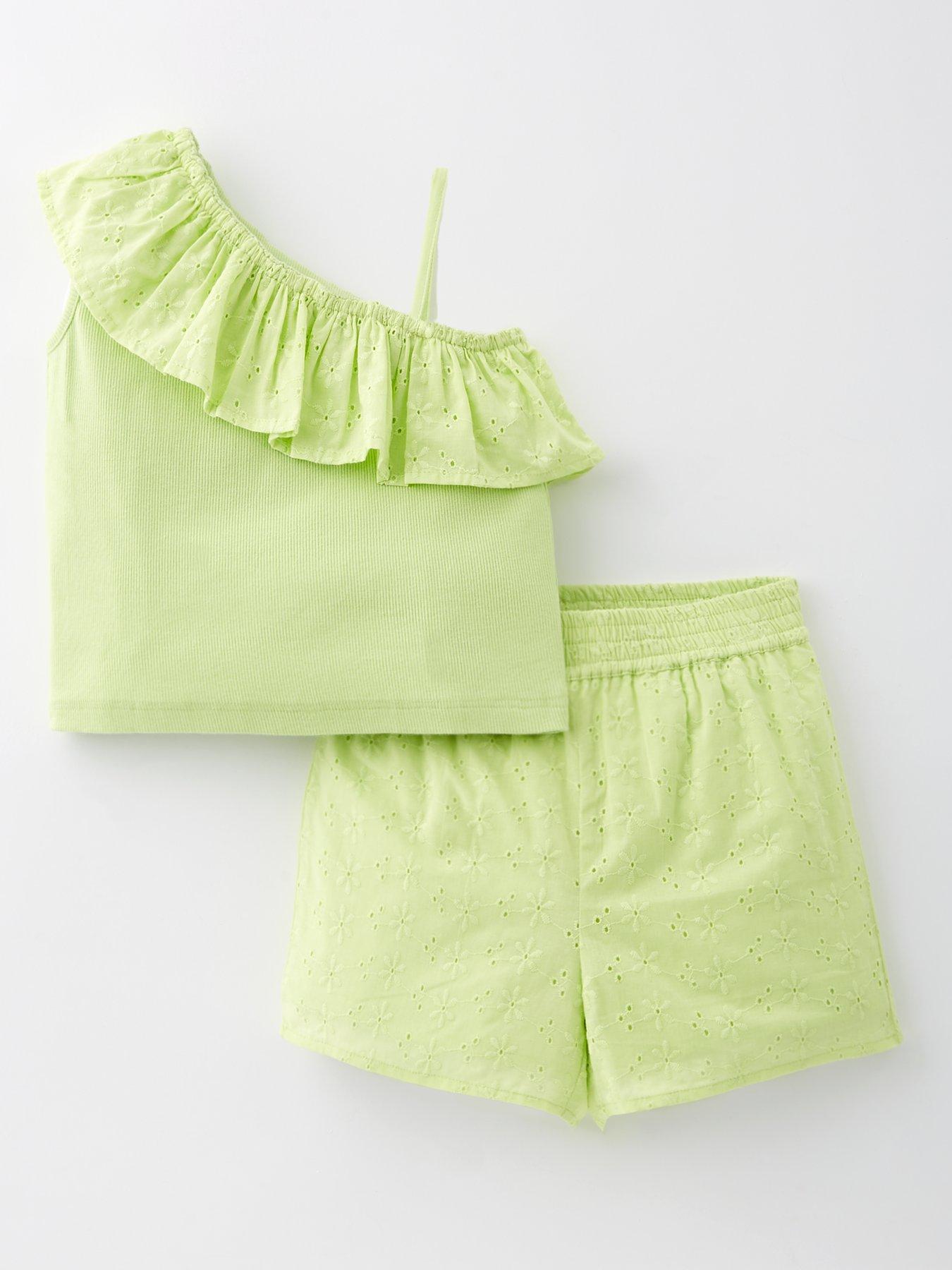 undefined Girls Frill One Shoulder Top And Short Set
