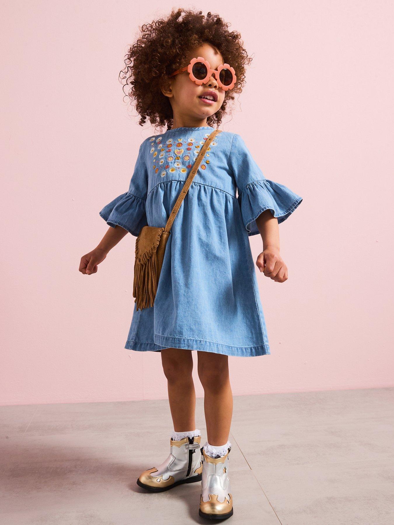 Image of Mini V by Very Girls Embroidered Short Sleeve Denim Dress - Blue