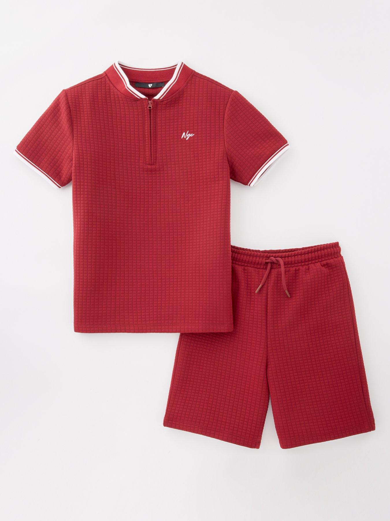 undefined Boys Zip Texture T-Shirt And Short Set - Burgundy