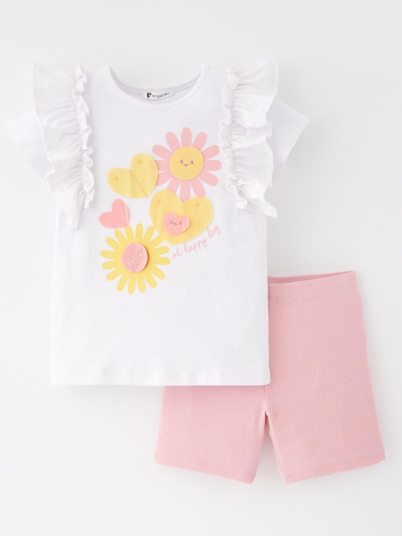 undefined Girls Floral And Heart T-Shirt And Shorts Set - White/Pink