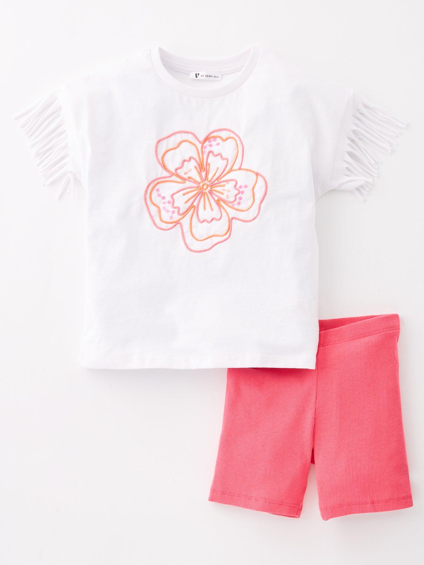 undefined Girls Happy Day Fringe Short Sleeve T-shirt And Cycling Short Set