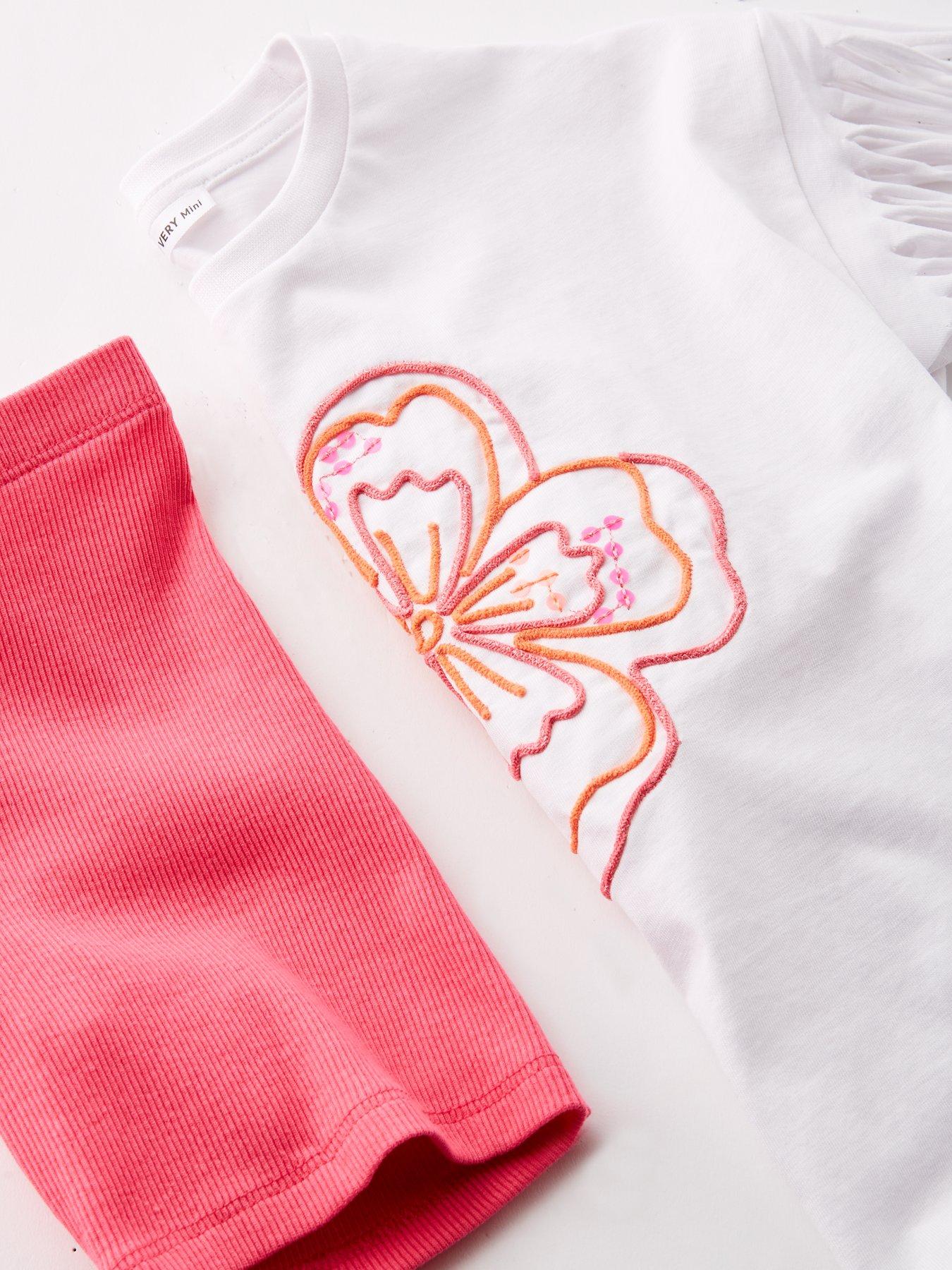 Image 4 of 4 of Mini V by Very Girls Happy Day Fringe Short Sleeve T-Shirt And Cycling Short Set - White/Pink